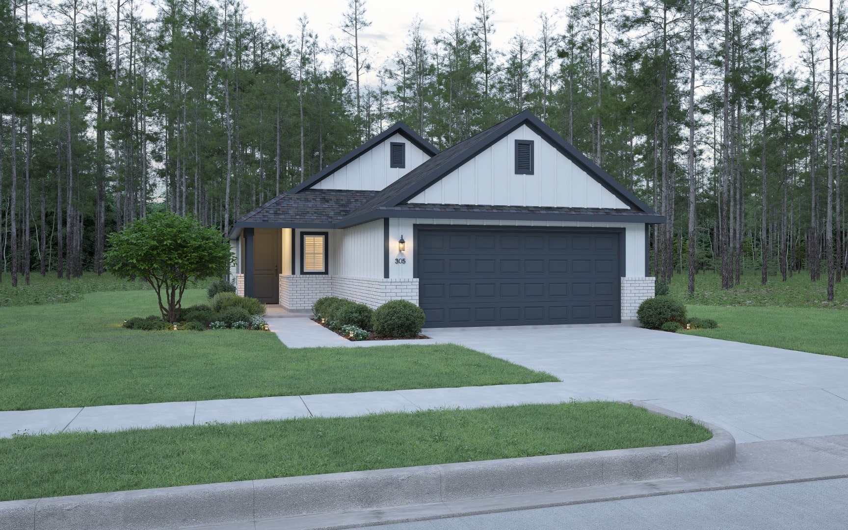 A modern single-story house with white siding, dark trim, and a dark garage door, surrounded by a well-kept lawn and trees in the background. A concrete driveway leads to the garage.