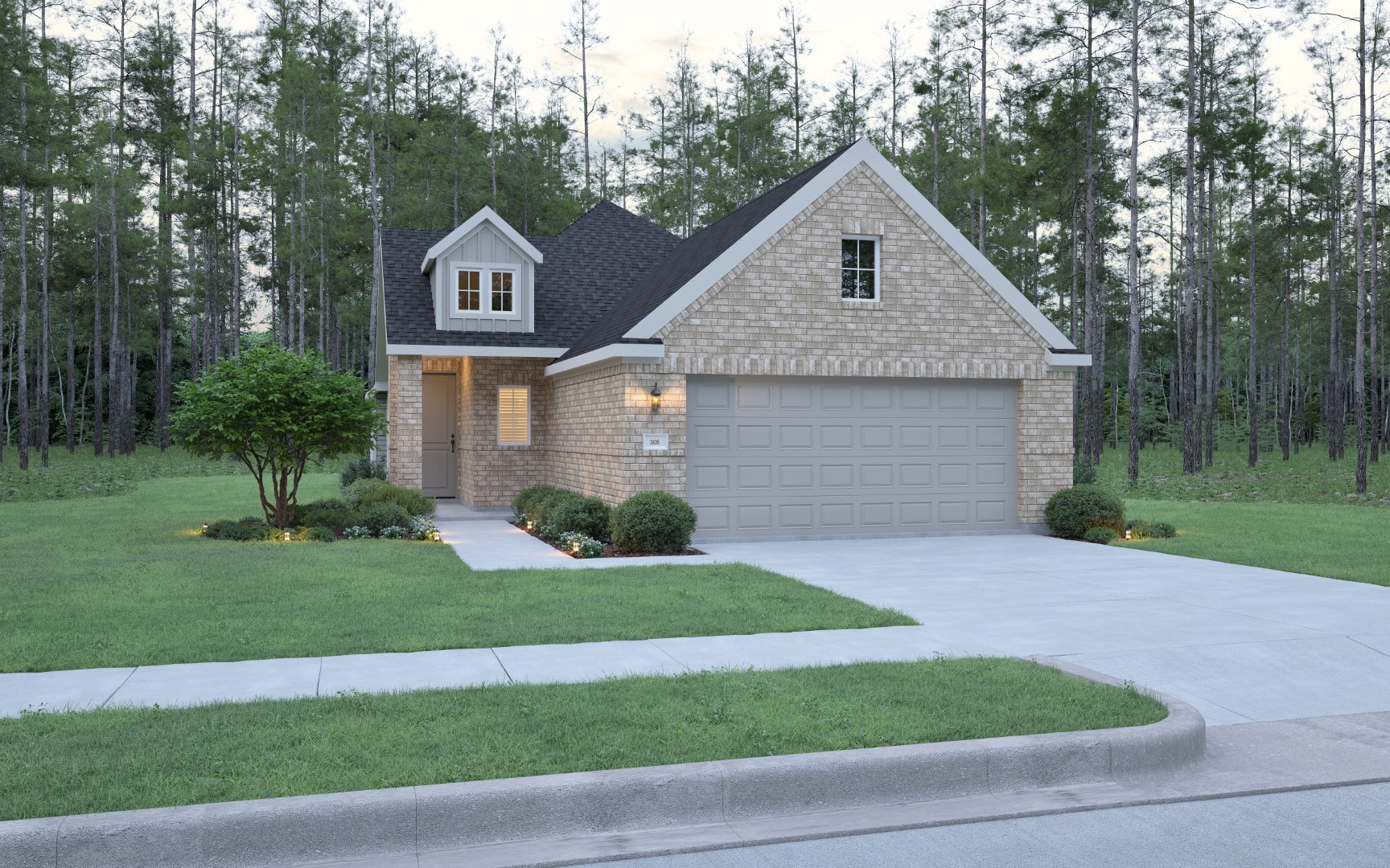 A light brick suburban house with a two-car garage, large driveway, small front lawn, shrubs, and surrounded by tall pine trees in the background.