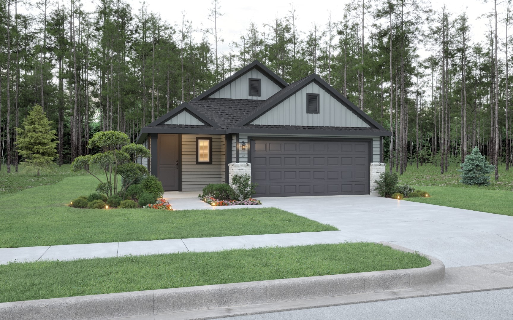 A modern single-story house with gray siding, a dark gray garage door, and a landscaped front yard with shrubs and flowers, set against a backdrop of tall trees and greenery.
