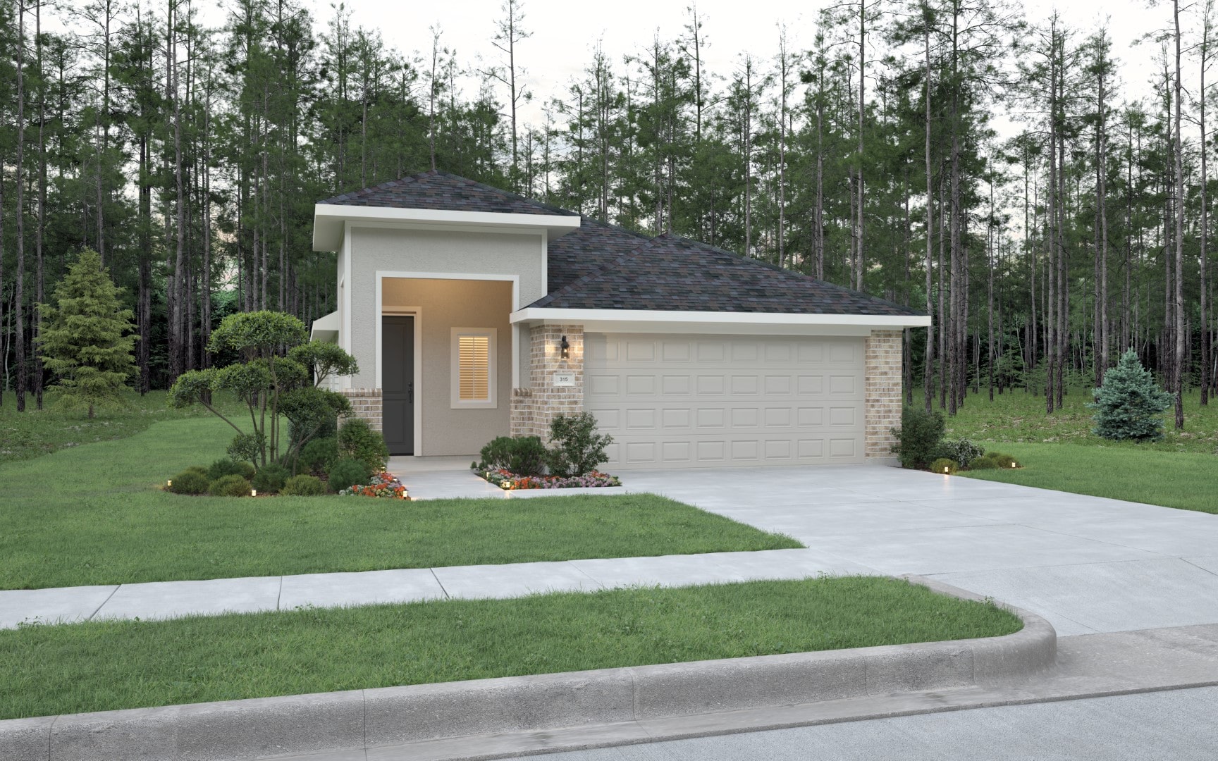 Single-story house with a two-car garage, light brick and stucco exterior, manicured lawn, shrubs, and a concrete driveway, set against a backdrop of tall trees.