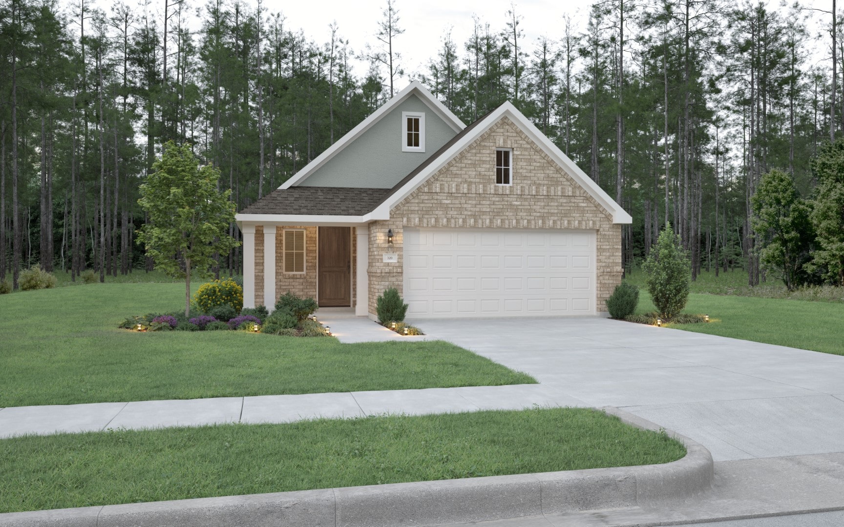 A single-story brick house with a two-car garage, manicured front yard, and a concrete driveway, surrounded by grass, trees, and forest in the background under an overcast sky.