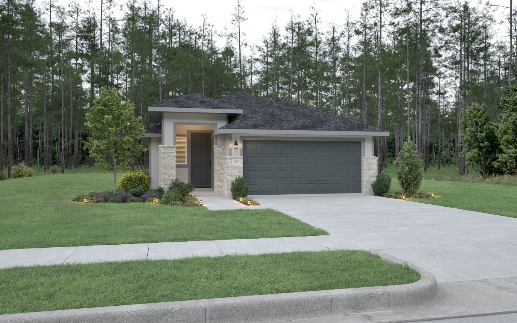 Modern single-story house with a dark gray garage door, brick and siding exterior, small front porch, landscaped yard with shrubs and flowers, and a driveway, set against a backdrop of tall pine trees.