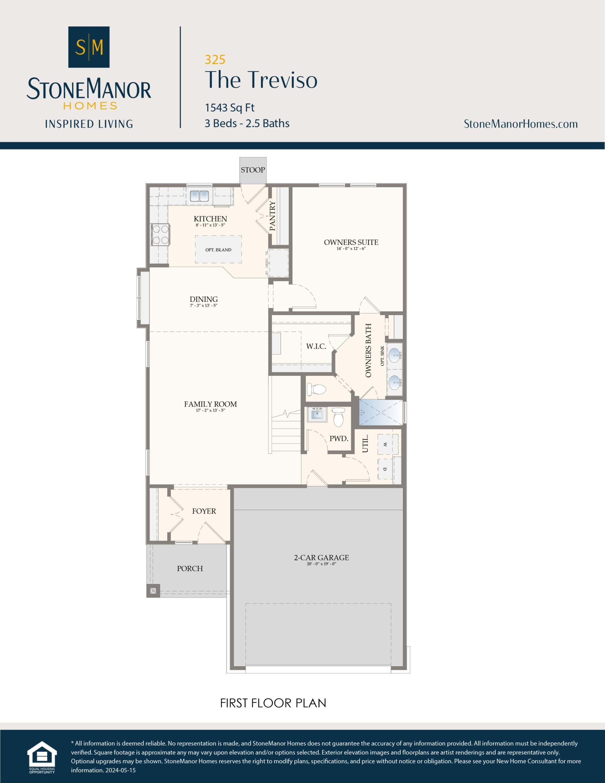 Floor plan for The Treviso home, showing 3 bedrooms, 2.5 baths, a kitchen, dining area, family room, porch, patio, laundry room, pantry, two-car garage, and owner’s suite with walk-in closet and bath.