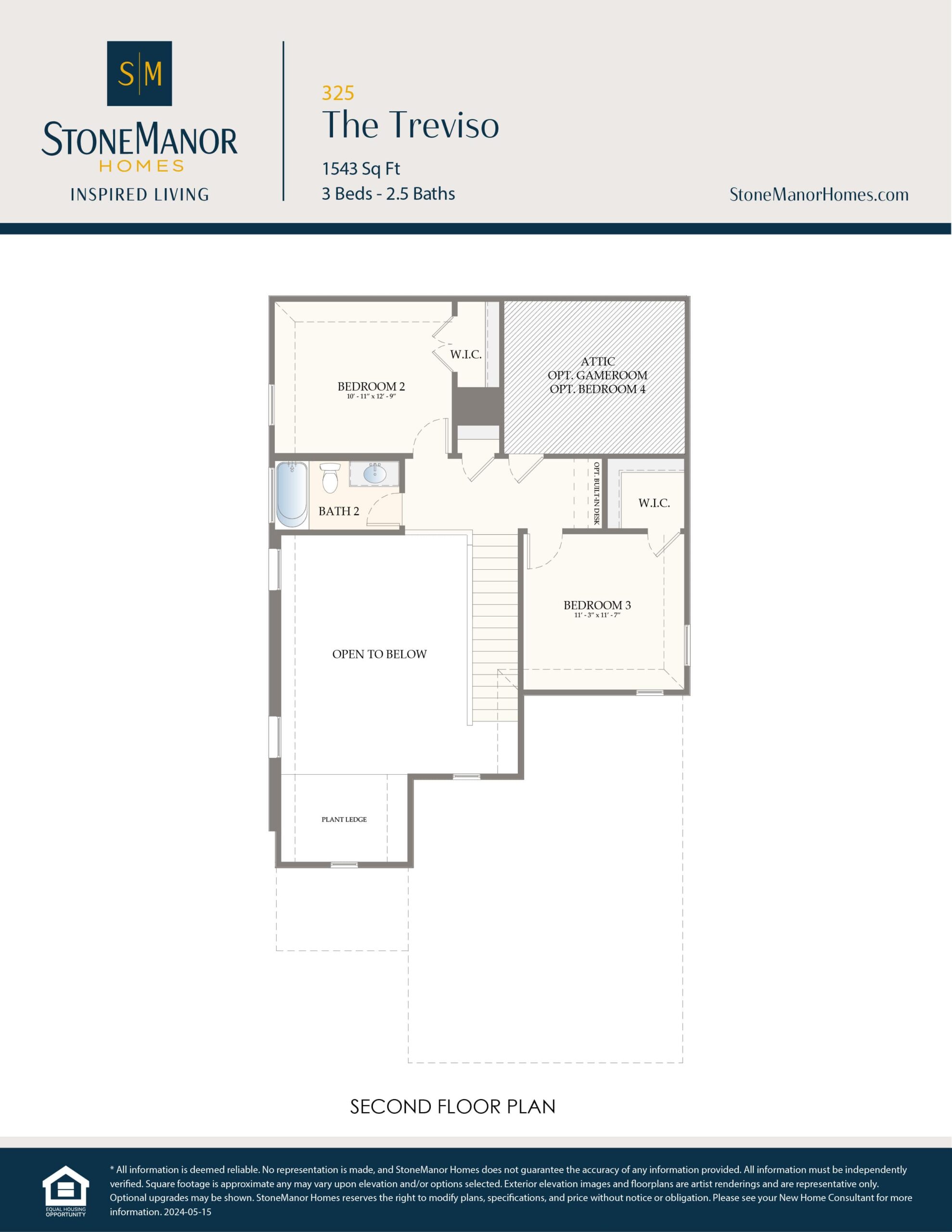 Second floor plan of The Treviso home, showing two bedrooms, two walk-in closets, two bathrooms, an attic/optional bedroom, an “open to below” area, a hallway, and stairs leading down.