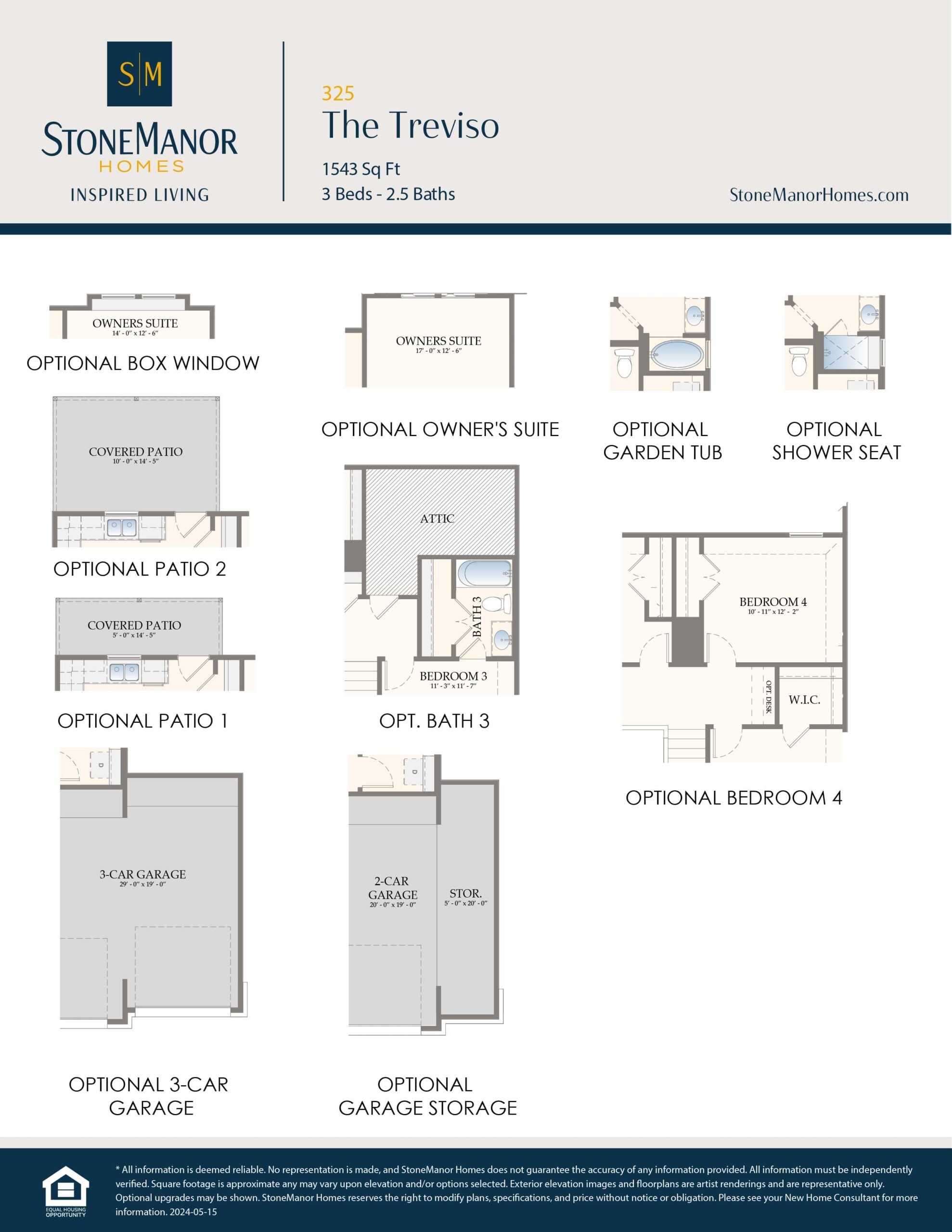 Floor plan options for The Treviso by StoneManor Homes, showing layouts for patios, box window, owners suite, garden tub, shower seat, 3-car garage, garage storage, bathroom, and optional bedroom 4.