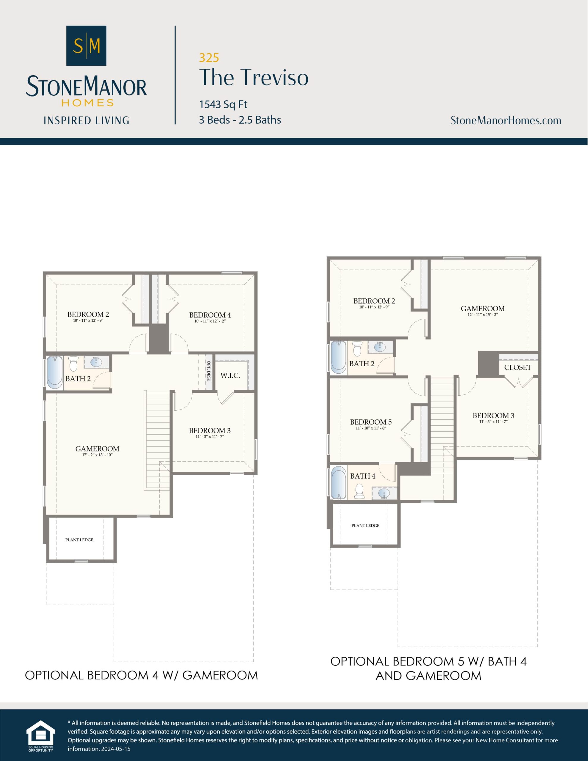 Floor plans for The Treviso home, showing two layout options: one with 4 bedrooms and a gameroom, and one with 5 bedrooms, 4 baths, and a gameroom. Each option has labeled bedrooms, bathrooms, and closets.