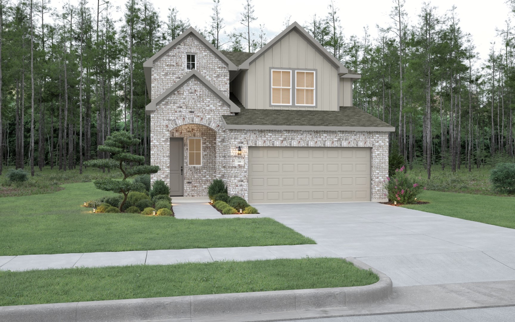 Two-story suburban brick house with a double garage, neatly landscaped front yard, and concrete driveway. Surrounded by grass and trees, the house has beige accents and trimmed bushes near the entrance.