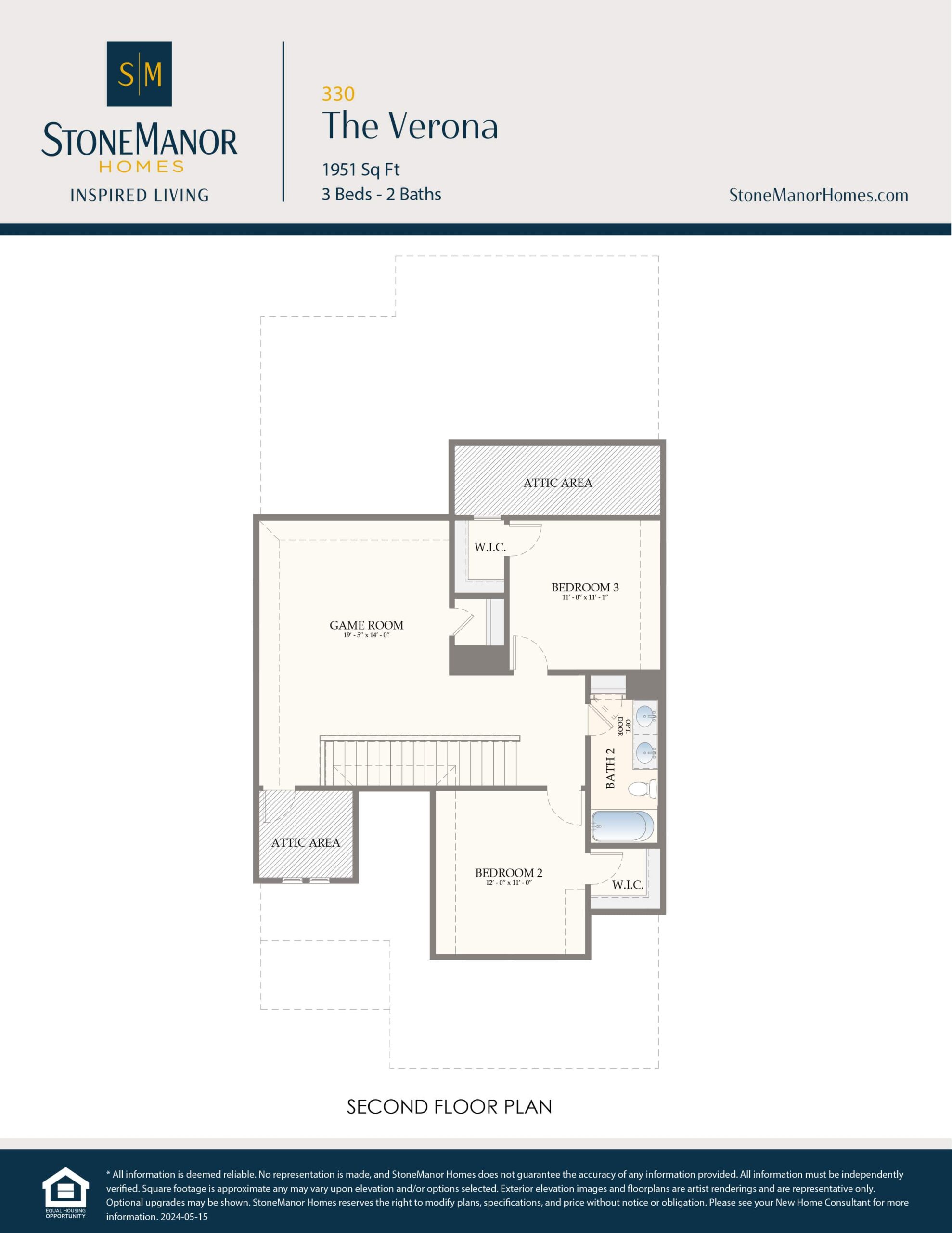 Second floor plan of a house showing three bedrooms, two with walk-in closets, a game room, two attic areas, and hallways connecting the rooms. The layout includes labeled spaces and doors for each room.