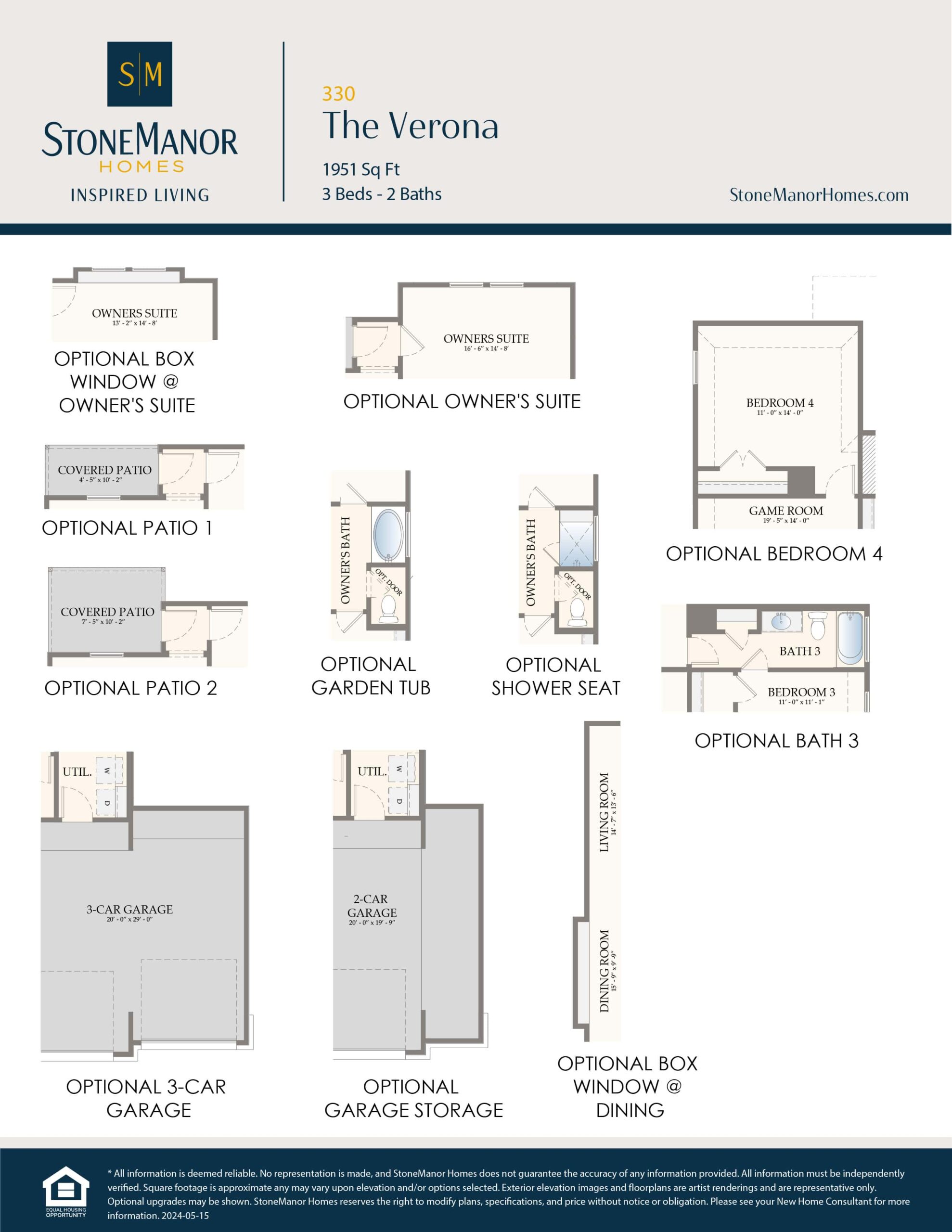 A floor plan options sheet for The Verona home by Stone Manor Homes, showing various optional additions like a 3-car garage, owners suite, patio, extra bath, garden tub, and a fourth bedroom.