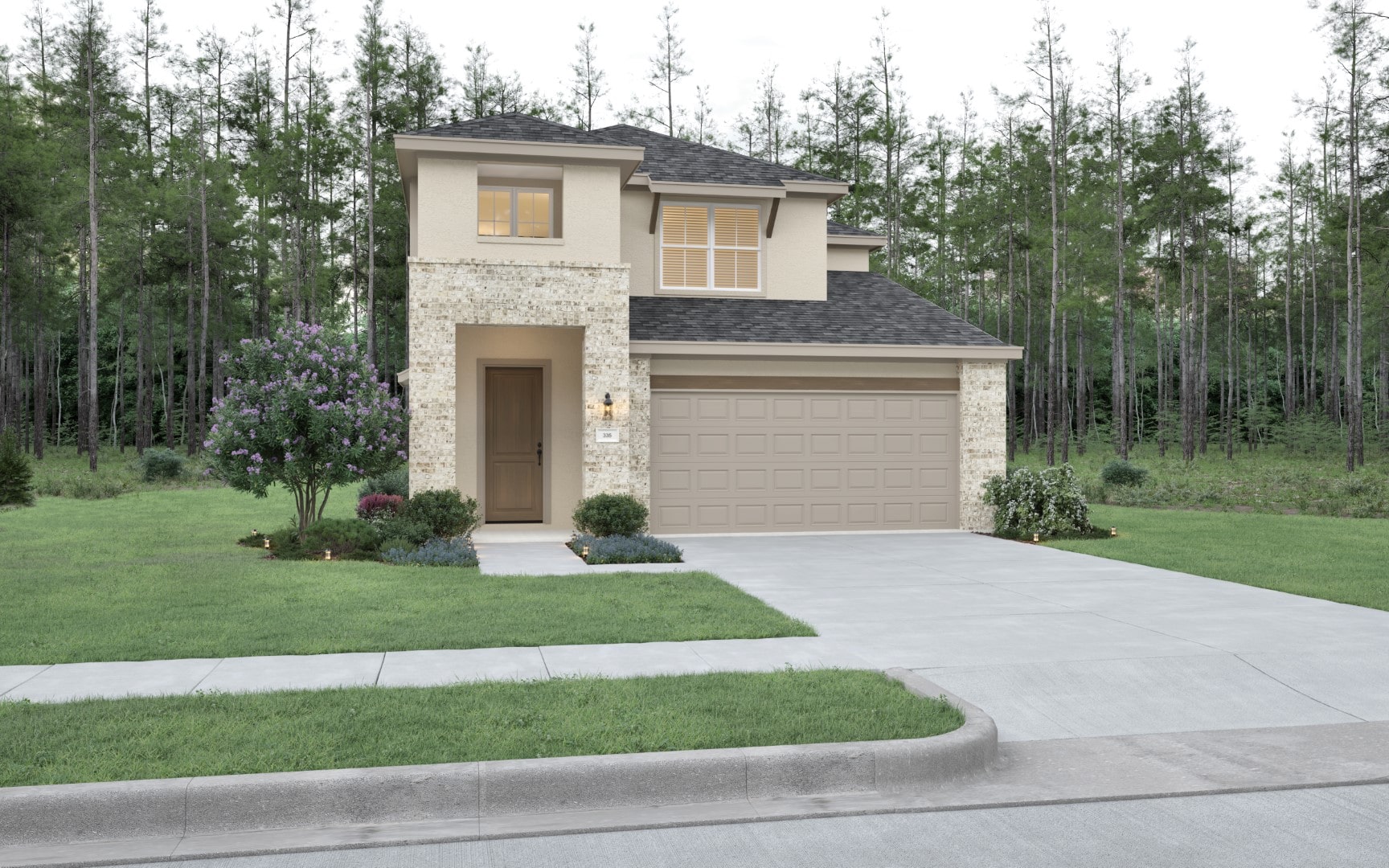A two-story beige brick house with a double garage, small front garden, and a driveway, set against a backdrop of tall trees and a grassy lawn.