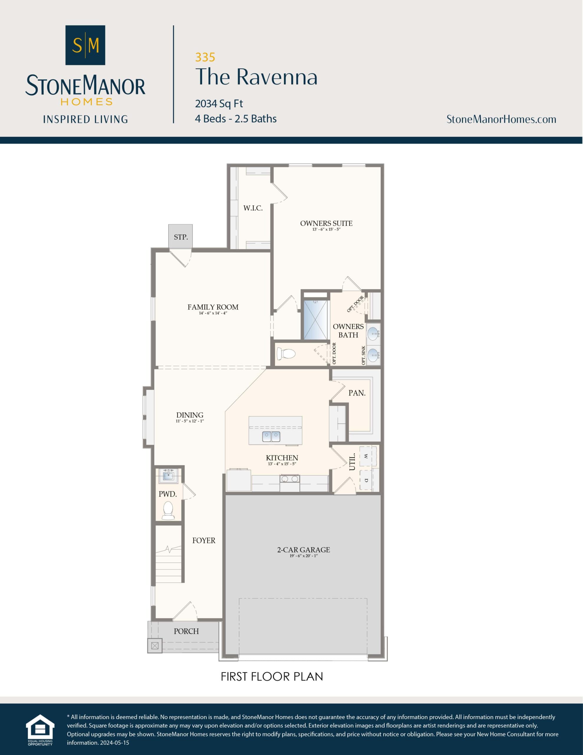 Floor plan for The Ravenna home, showing a 2-car garage, porch, foyer, dining room, kitchen, pantry, family room, owners suite with walk-in closet and bath, laundry, covered patio, powder room, and storage.