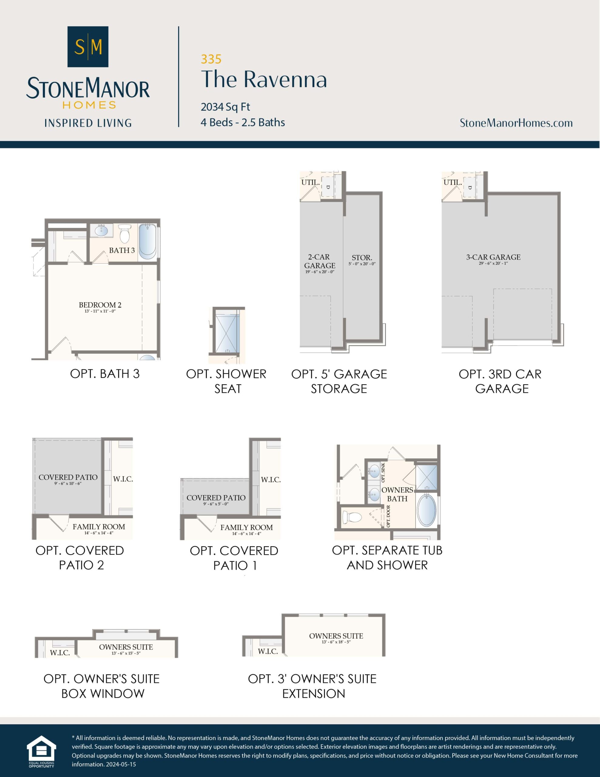 A floor plan showing optional features for The Ravenna home: extra bathroom, shower suite, garage storage, 3rd car garage, two covered patios, separate tub/shower, owners suite box window, and suite extension.