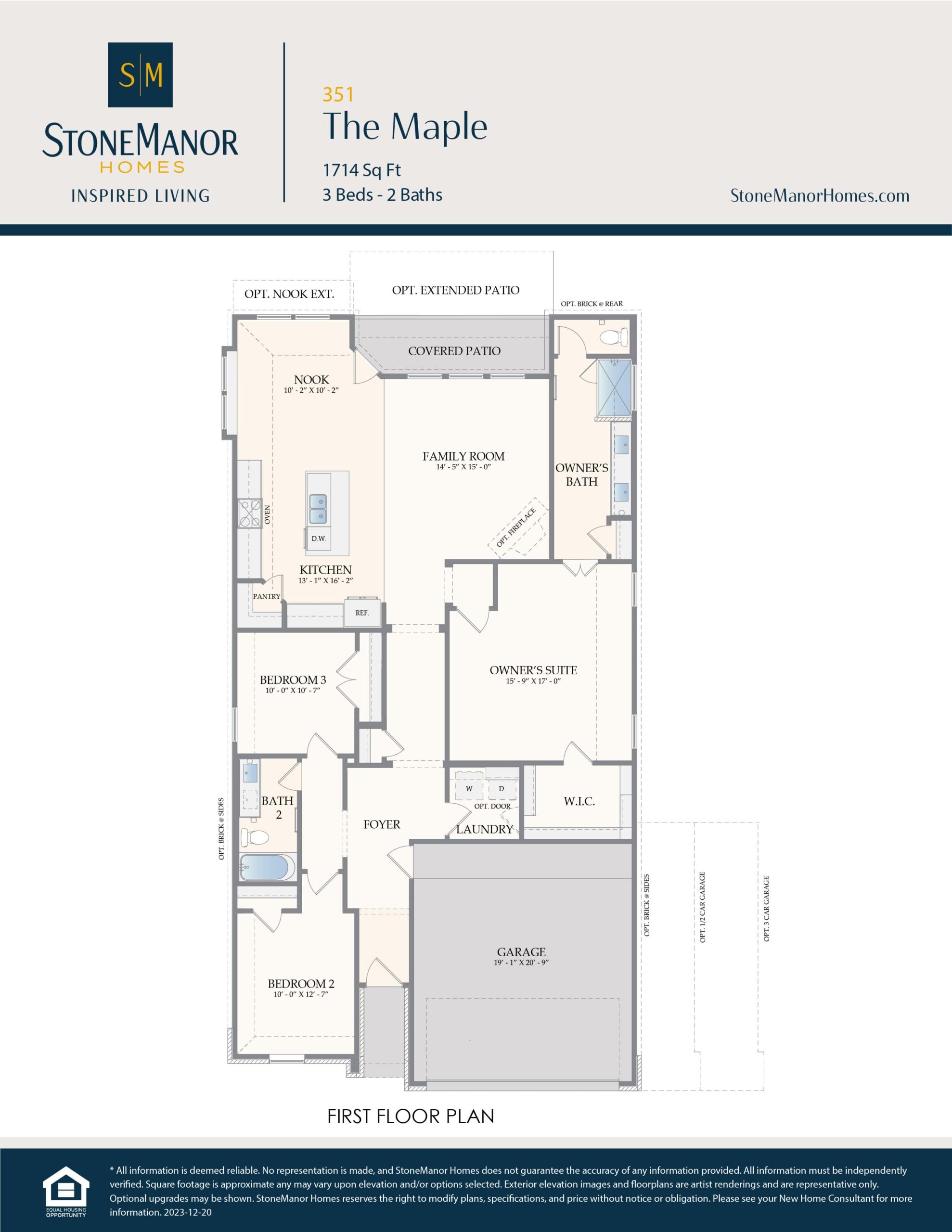 First floor plan for a house named The Maple by StoneManor Homes, showing 3 bedrooms, 2 baths, a family room, kitchen, dining area, laundry, garage, and covered patio with labeled room dimensions.
