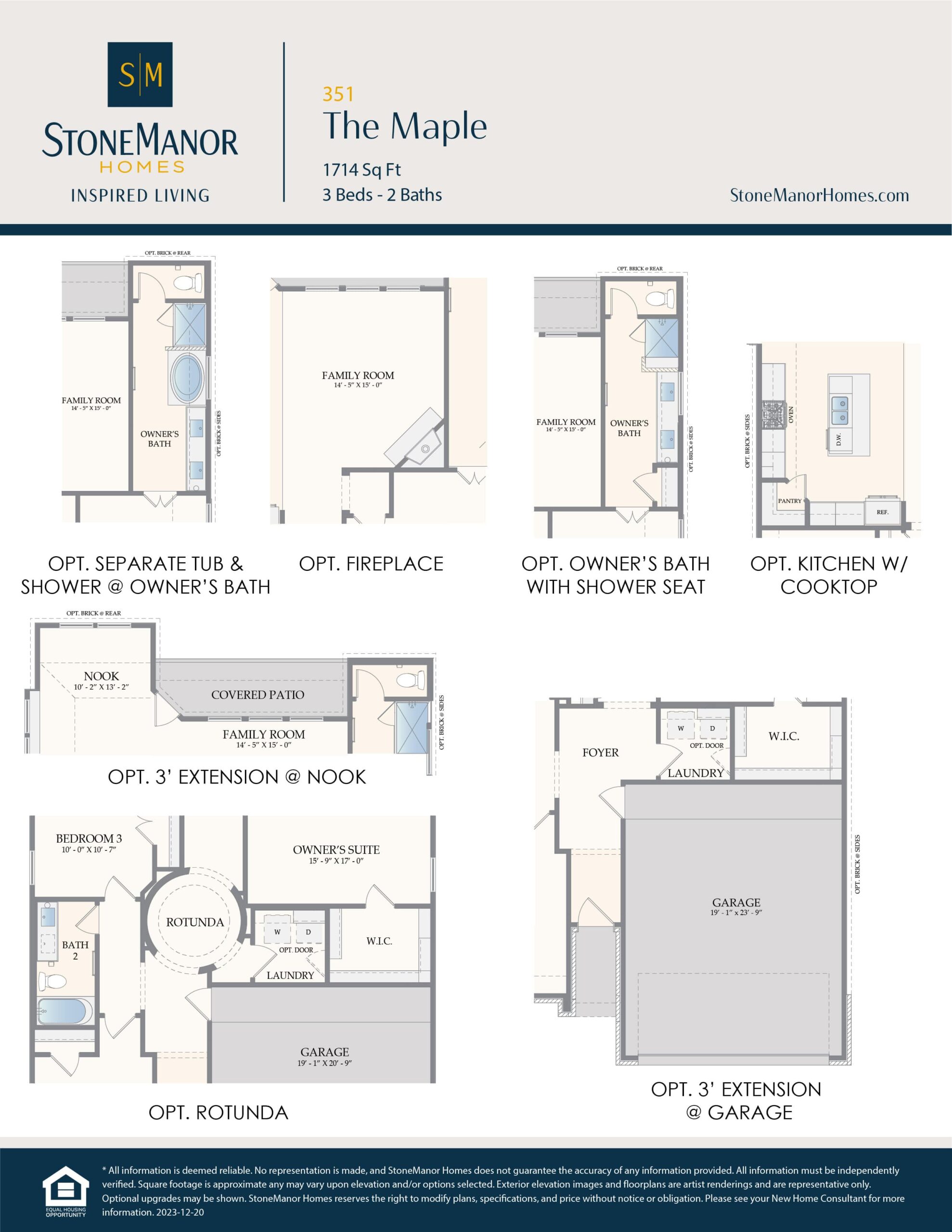 Floor plan for The Maple home, showing options like fireplace, owners bath with shower seat, kitchen with cooktop, a 3 nook or garage extension, rotunda, and separate tub and shower in the owners bath.