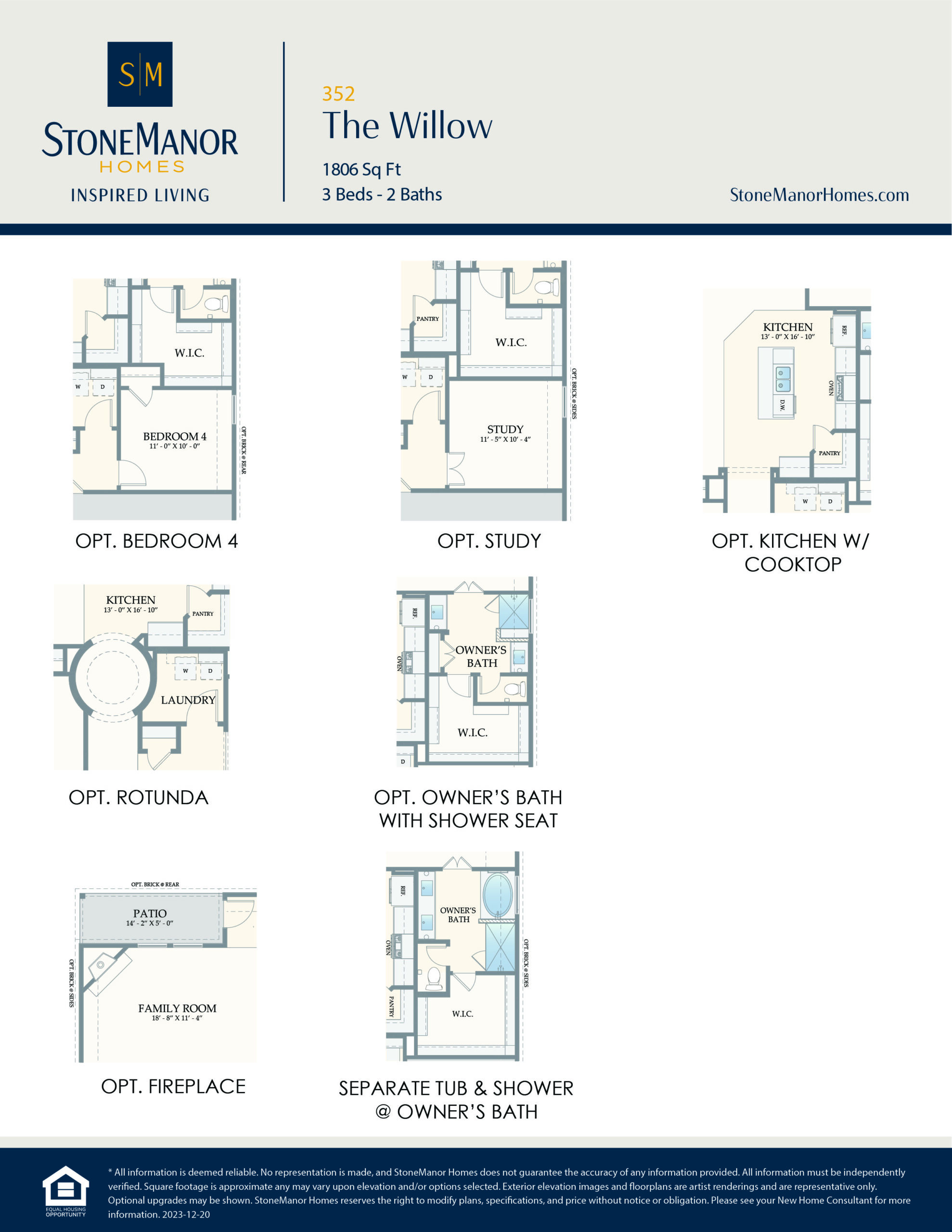 A floor plan options sheet for The Willow home model by Stone Manor Homes, showing layout choices for an extra bedroom, study, kitchen cooktop, rotunda, owners bath features, shower, and fireplace options.