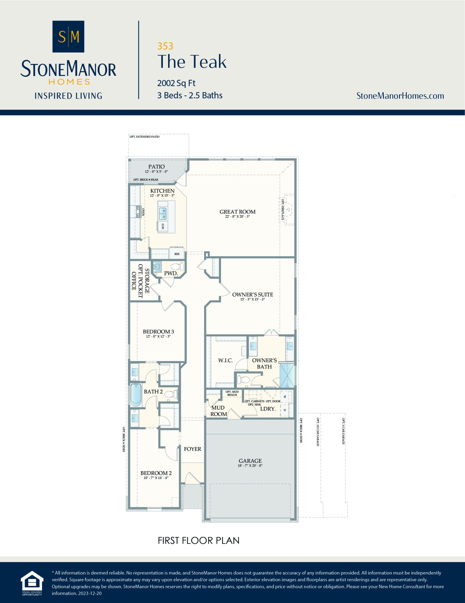 Floor plan for The Teak, a 2002 sq ft single-story home with 3 bedrooms, 2.5 baths, garage, covered patio, great room, kitchen, dining area, laundry, owner’s suite with walk-in closet, and foyer.