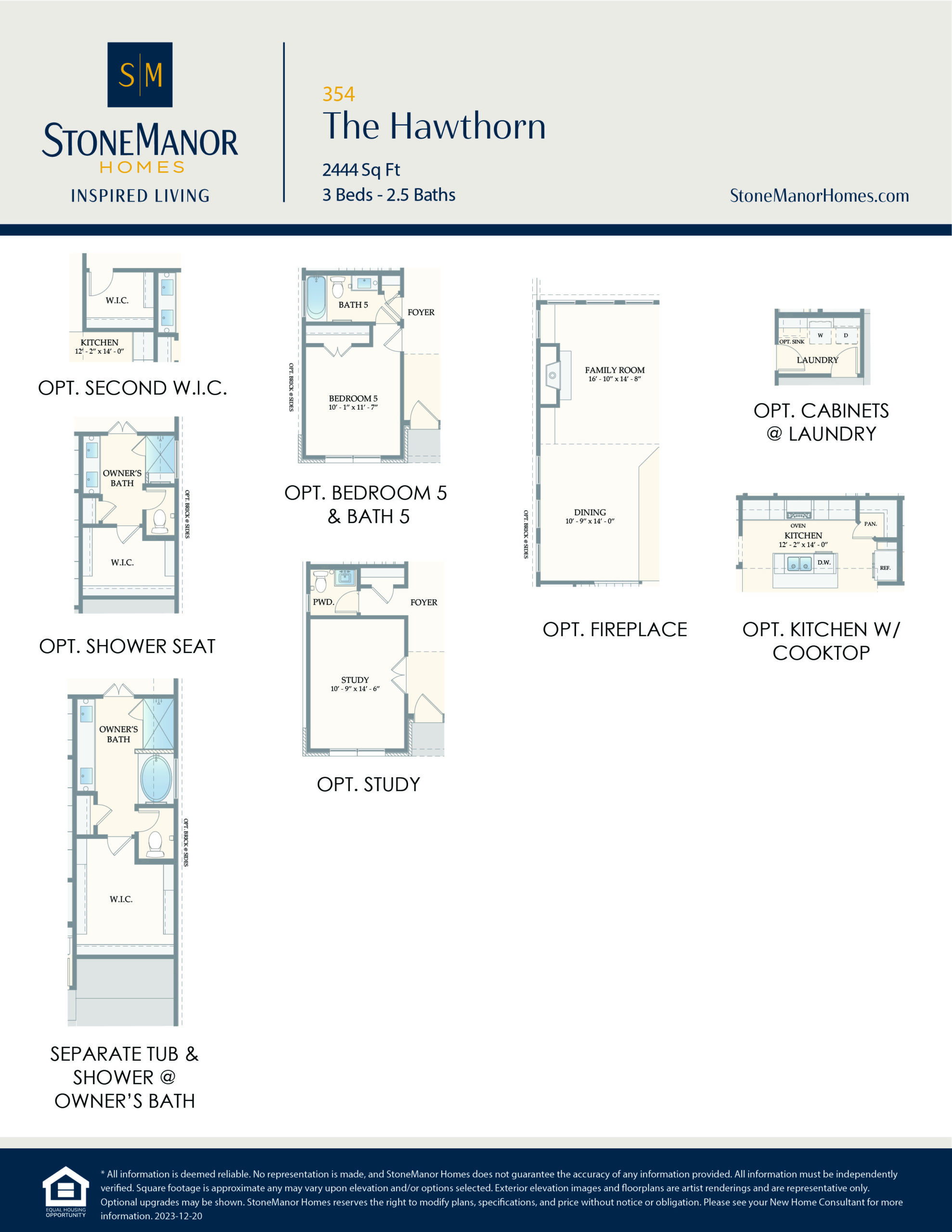 Floor plan options for The Hawthorn home, including optional second walk-in closet, shower seat, separate tub and shower, bedroom 5 & bath 5, study, fireplace, laundry cabinets, and kitchen cooktop.
