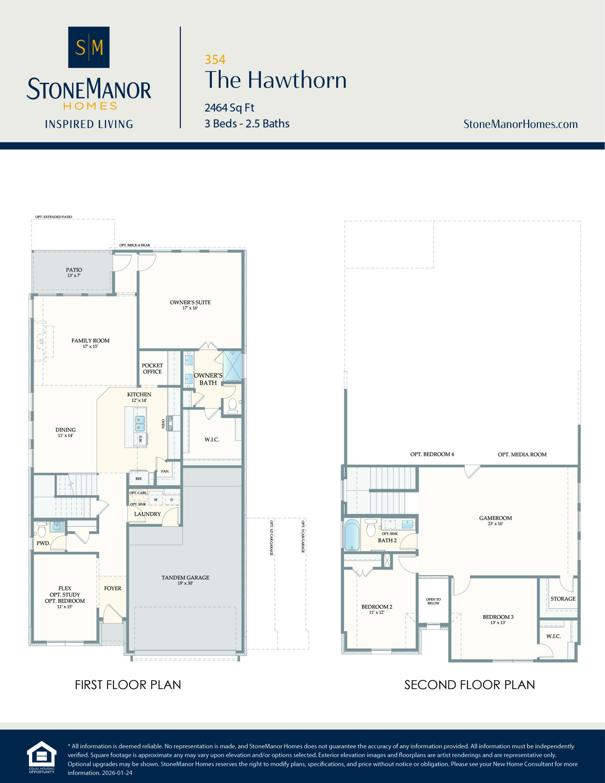 Floor plans for a two-story home labeled The Hawthorn by Stone Manor Homes, showing layout for three bedrooms, two and a half baths, a garage, kitchen, dining, living area, and an office/media room.