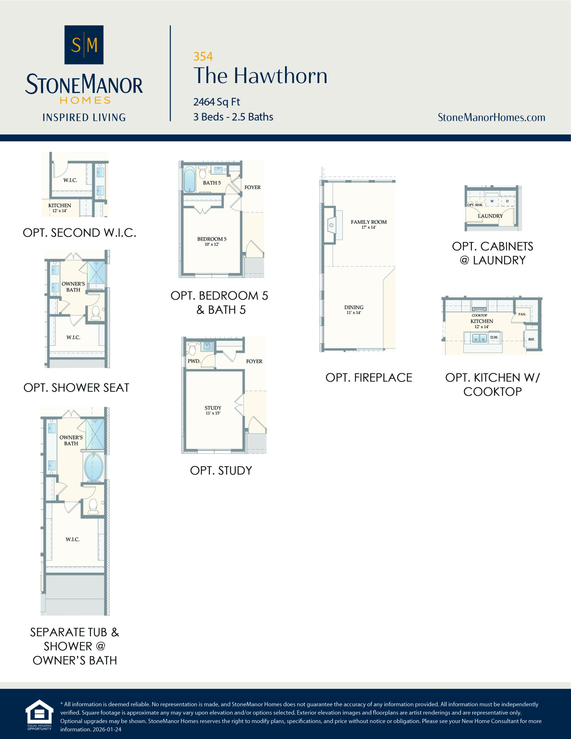 A floor plan options sheet for StoneManor Homes The Hawthorn, showing alternative layouts for closets, bedroom and bath, shower seat, fireplace, study, laundry cabinets, kitchen with cooktop, and a separate tub and shower.