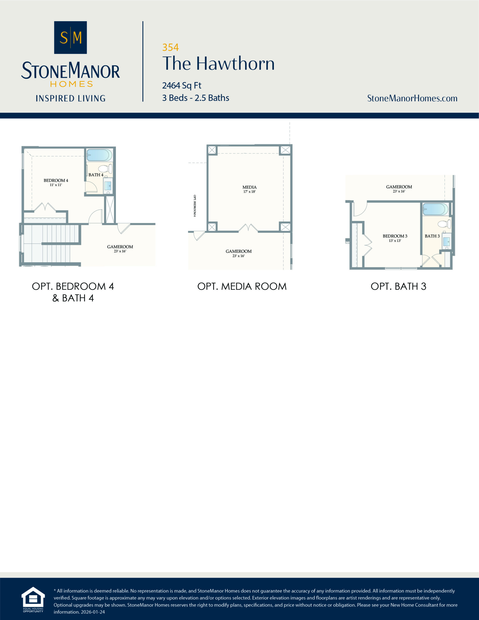 A floor plan for Stone Manor Homes The Hawthorn model, showing optional layouts for a fourth bedroom and bath, a media room, and a third bathroom, each depicted in labeled diagram boxes.