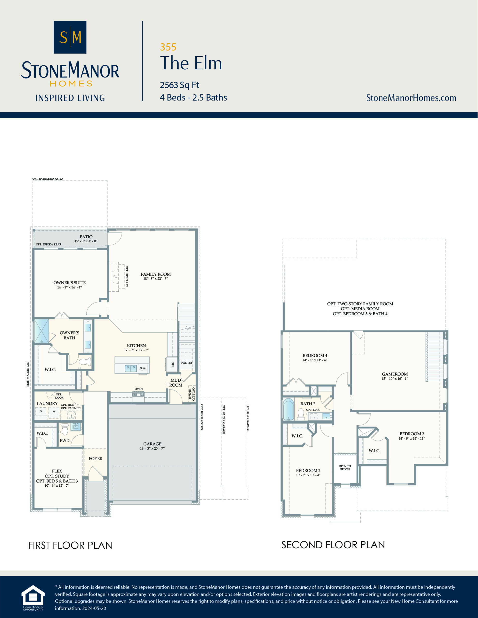 Floor plans for a two-story home called The Elm by StoneManor Homes, showing the layout of rooms, including 4 bedrooms, 2.5 bathrooms, living areas, kitchen, and garage on the first and second floors.