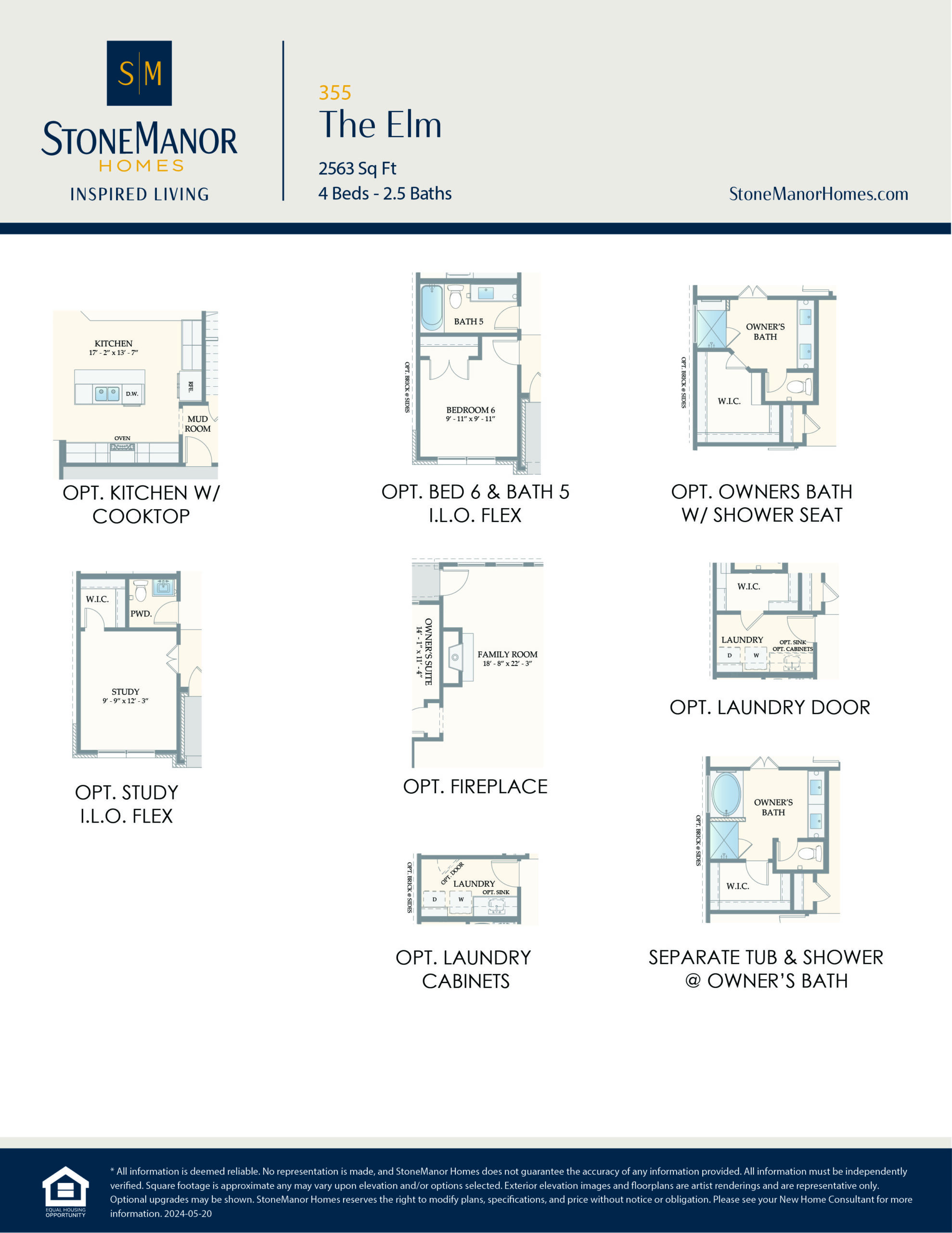 A floor plan options sheet for The Elm model by StoneManor Homes, showing layout alternatives for kitchen, bed & bath, study, fireplace, laundry, and owners bath configurations.