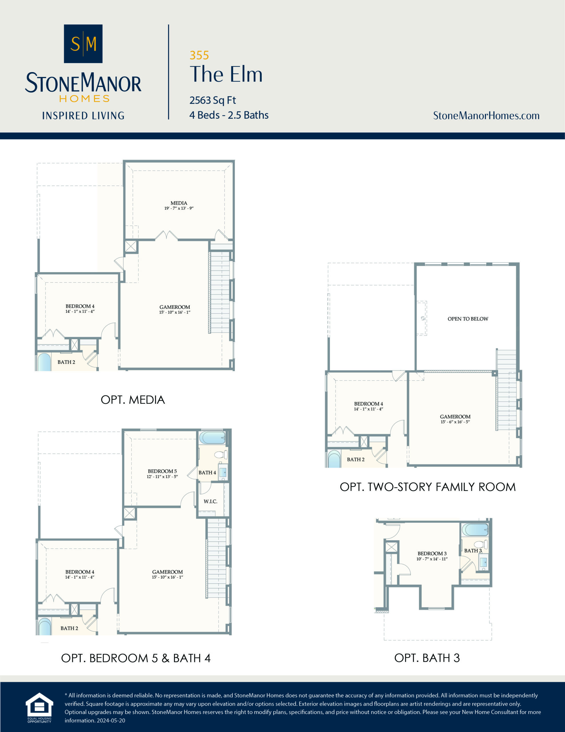 Floor plan options for The Elm by StoneManor Homes, showing optional media room, two-story family room, and added bedrooms/bathrooms, with labeled rooms and layouts in blue and white.