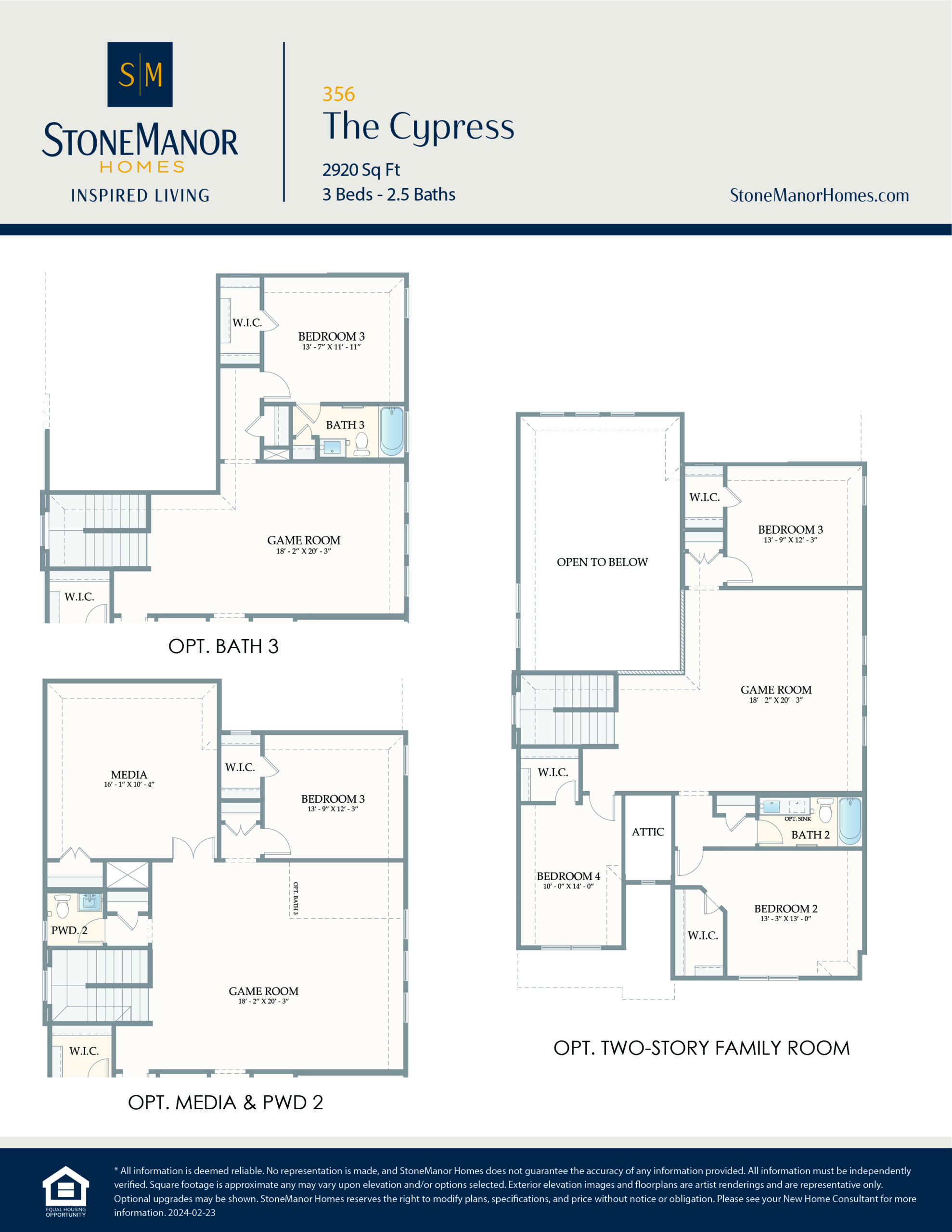Floor plans for The Cypress home by StoneManor Homes, showing various layout options with 3 bedrooms, 2.5 baths, game room, and alternate configurations for the bath, media room, and family room.