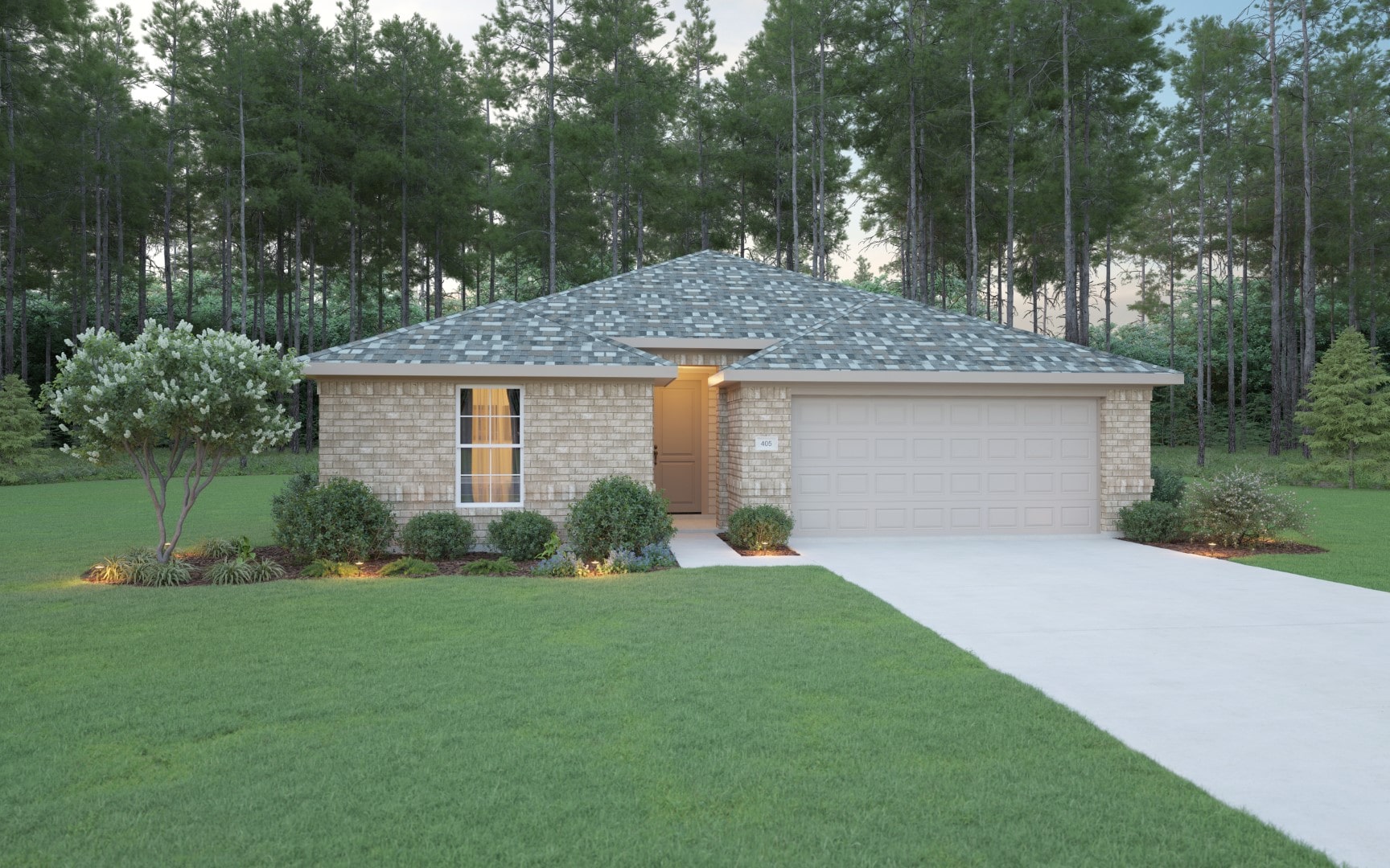 A single-story brick house with a gray shingled roof, double garage, and small landscaped front yard, surrounded by green lawn and tall trees in the background.