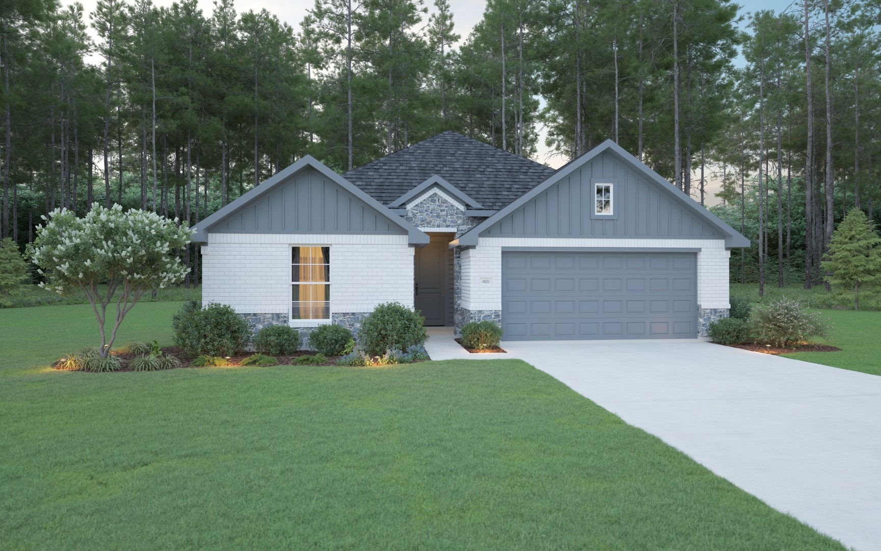 Single-story house with a gray shingled roof, white brick and gray siding, a double garage, front garden with shrubs, and a driveway, surrounded by green lawn and tall trees in the background.