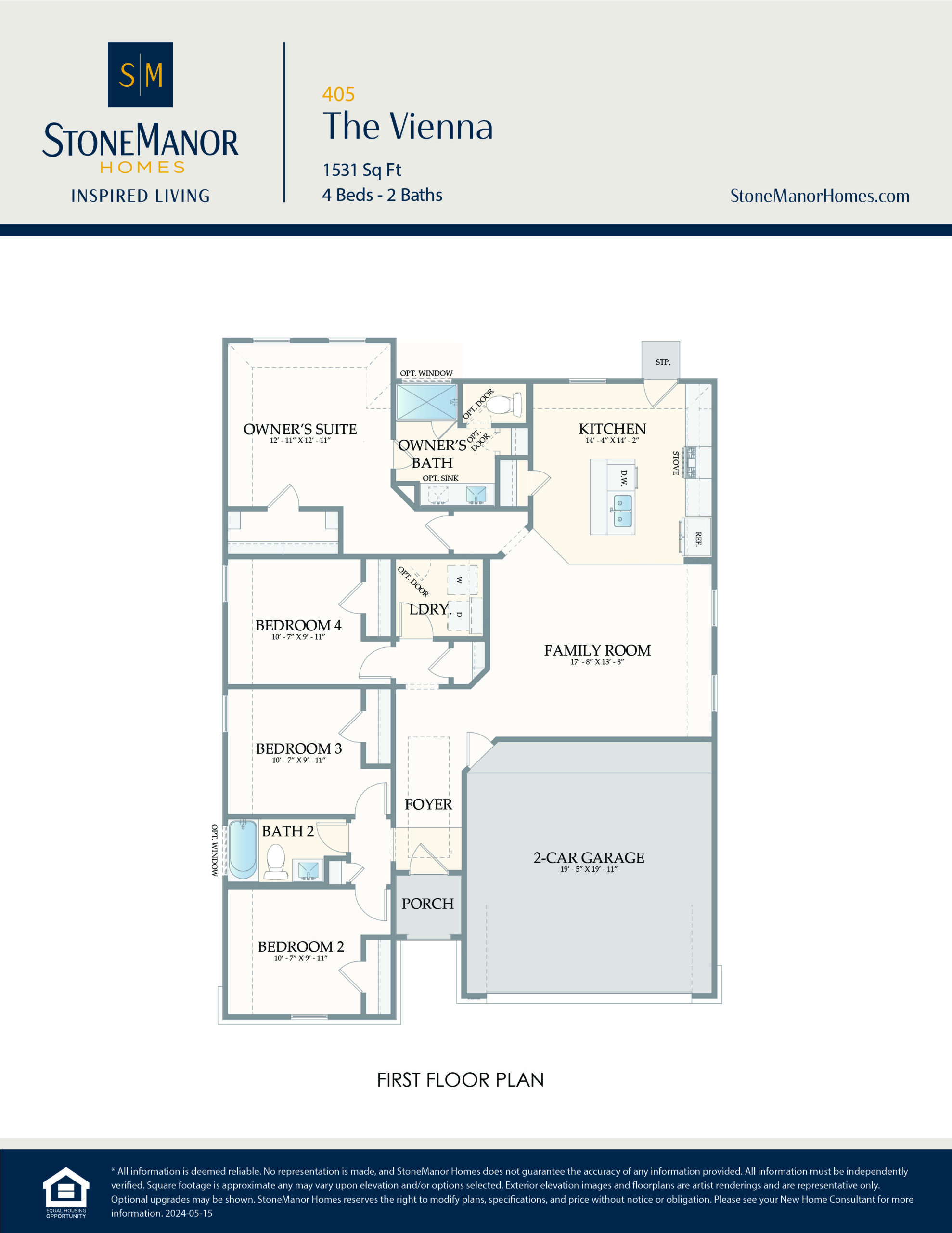 Floor plan for a single-story home featuring four bedrooms, two bathrooms, a family room, kitchen, dining area, porch, and a two-car garage. The owners suite includes a private bath. The entry leads to the main living spaces.