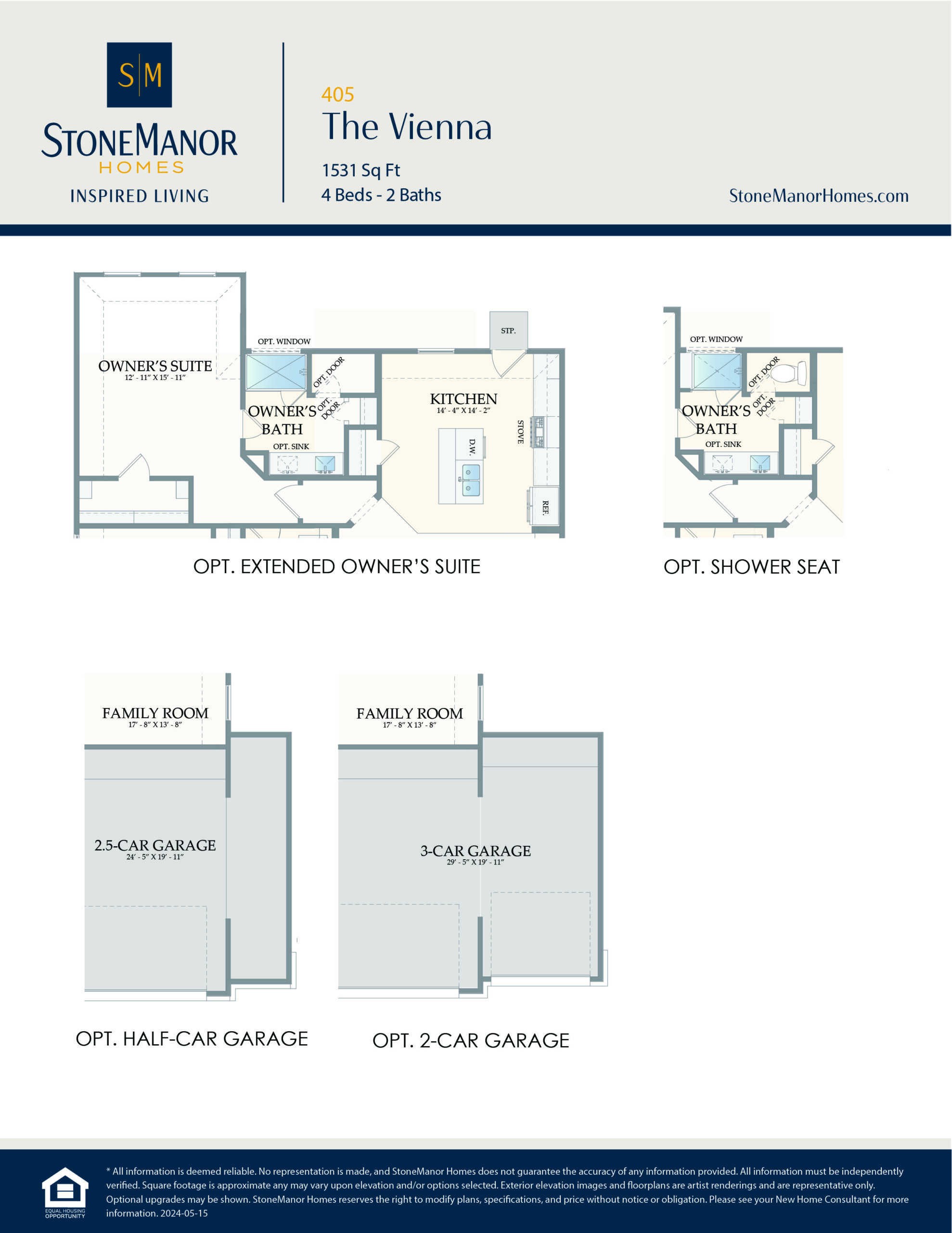 A floor plan showing optional layouts for a home: extended owners suite, shower seat, half-car, 3-car, and 2-car garages. The design includes bedroom, kitchen, family room, and owners bath areas.