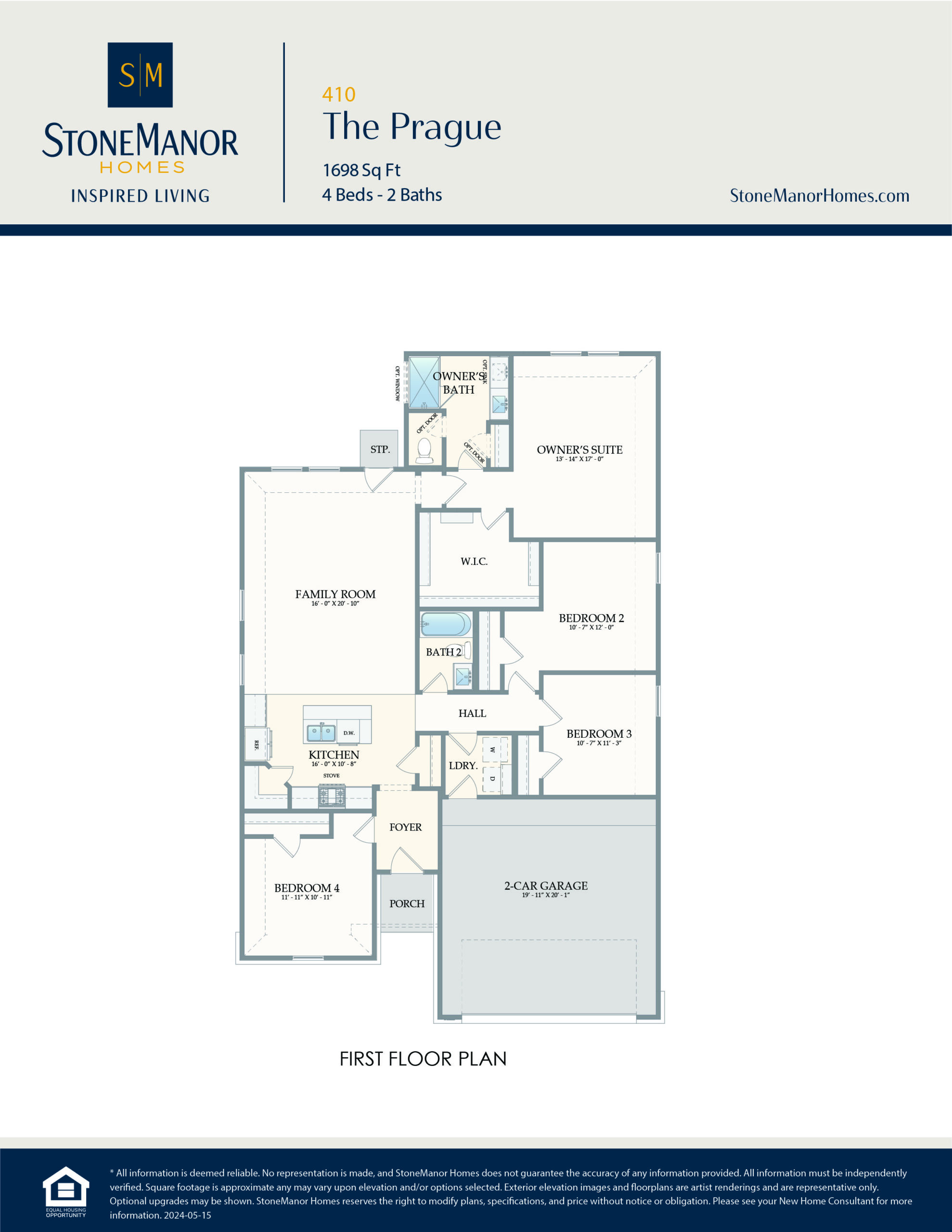 First floor plan for a 4-bedroom, 2-bath home with a 2-car garage, owner’s suite with ensuite bath and walk-in closet, open family room, kitchen, dining, laundry, foyer, and covered patio. Home size: 1698 sq ft.