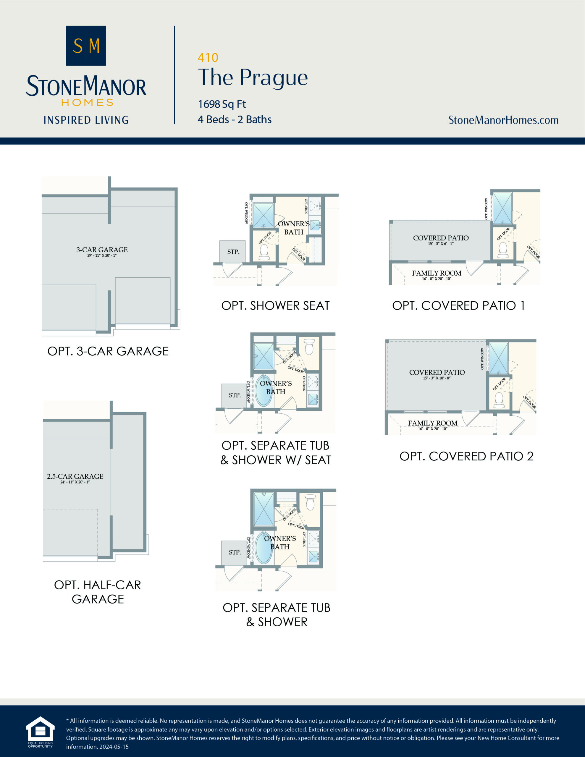 A floor plan options sheet for StoneManor Homes, model 410 The Prague, showing choices for garage sizes, shower seats, covered patios, and separate tub and shower layouts.