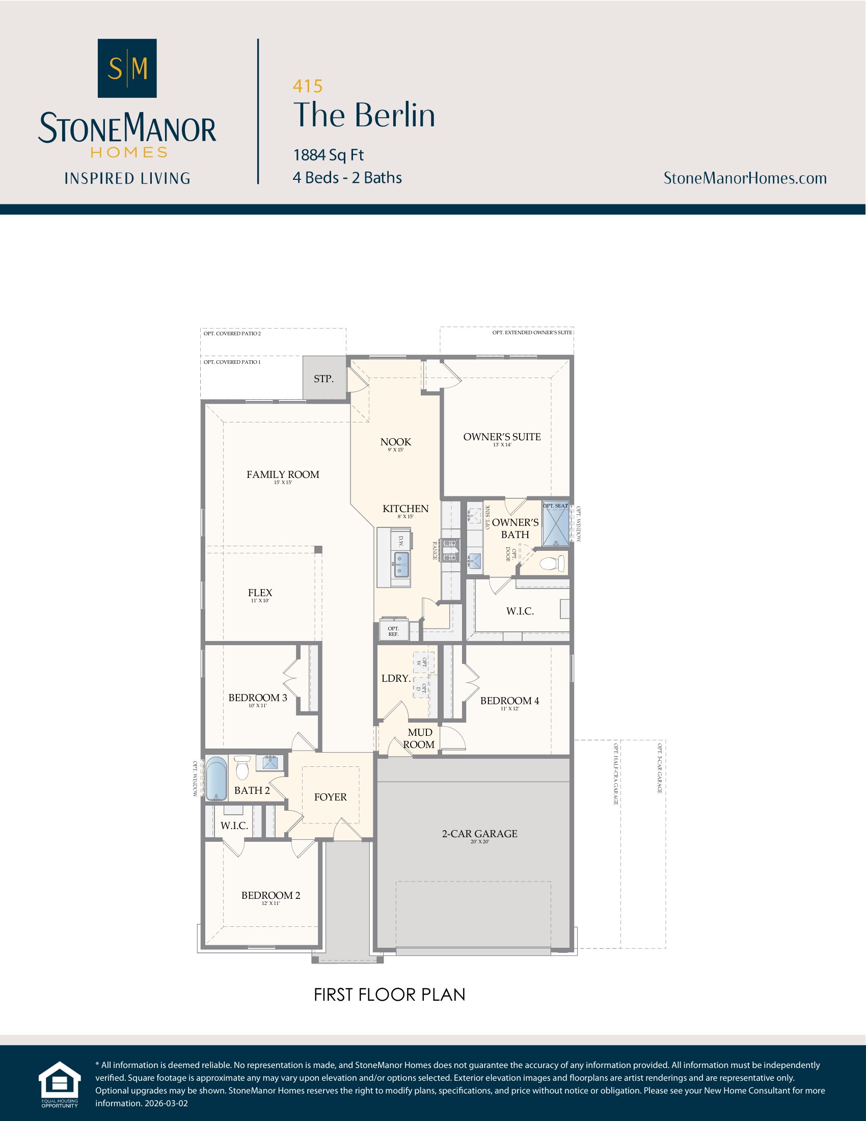 First floor plan of The Berlin home with 3 bedrooms, 2 baths, a family room, dining area, kitchen, utility room, 2-car garage, foyer, study, W.I.C. closets, master suite, and covered patio.