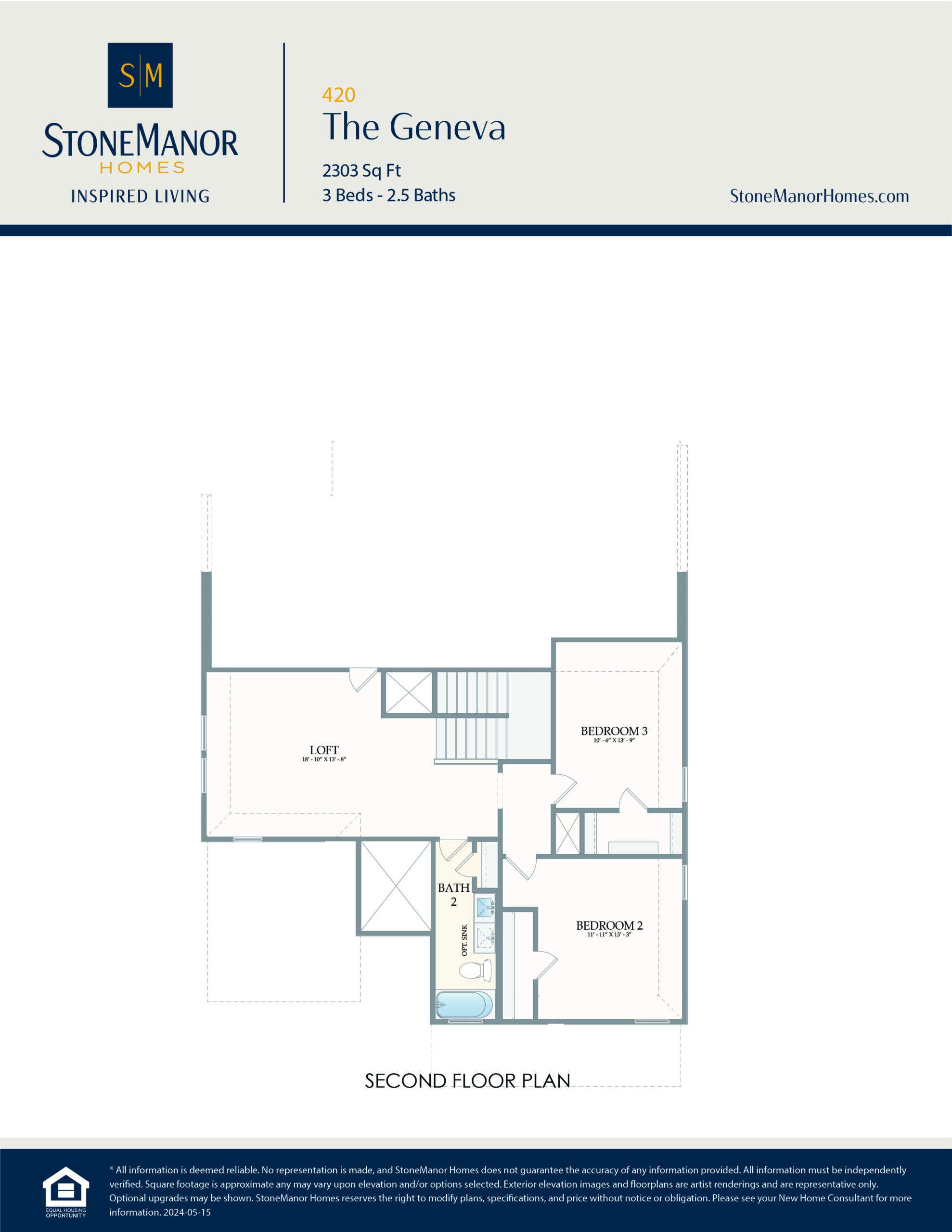 Second floor plan of The Geneva home, featuring a loft, two bedrooms (Bedroom 2 and Bedroom 3), a bathroom, and a laundry area. Rooms and layout are labeled with doors, windows, and stairs shown.