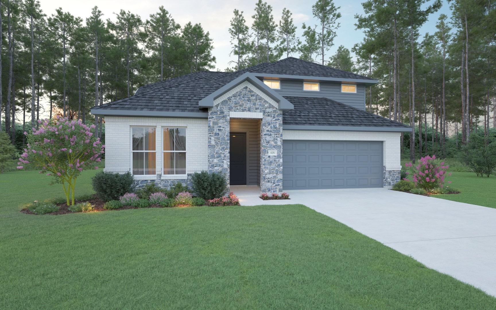 A modern single-story house with a stone and brick exterior, a gray double garage, large windows, and a well-kept lawn with flowerbeds, surrounded by tall pine trees.