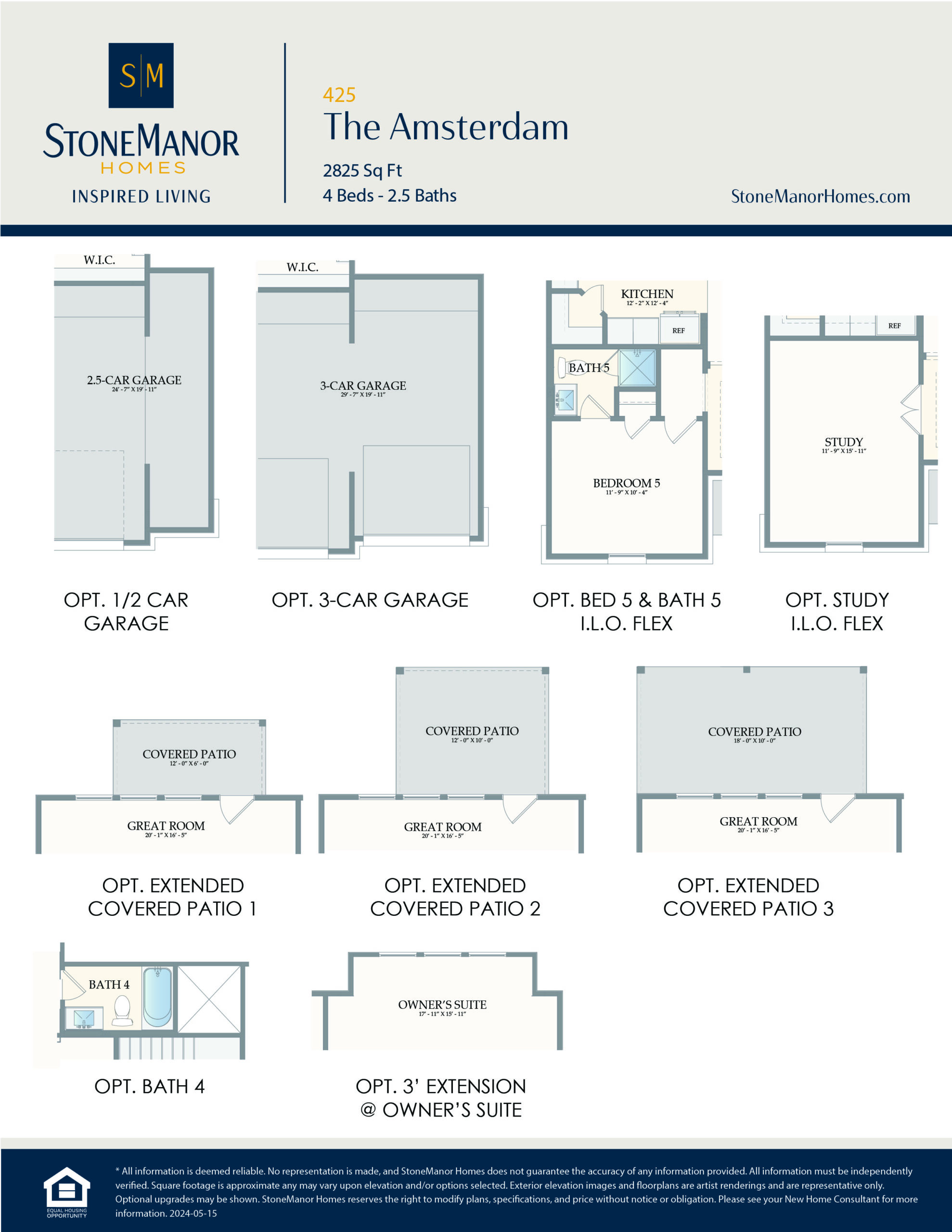 Floor plan options for The Amsterdam home, including choices for 2.5-car/3-car garage, study or flex room, extra bathroom, and three extended covered patio options. Branding and contact details at top and bottom.