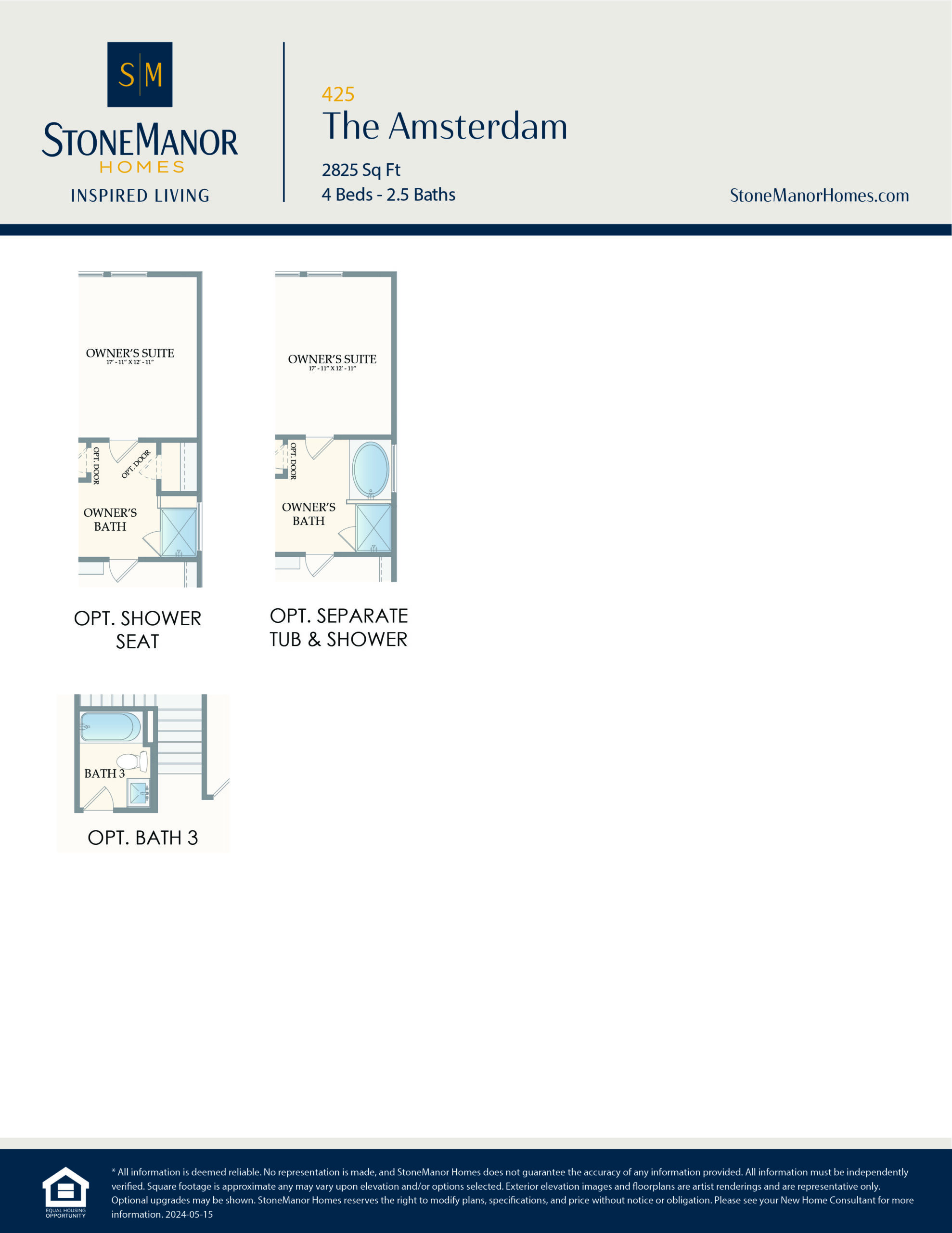 Three bathroom layout options for a house, each with different configurations: one with an owners suite shower, one with a separate tub and shower, and one labeled “Bath 3” with a tub or shower and a toilet.