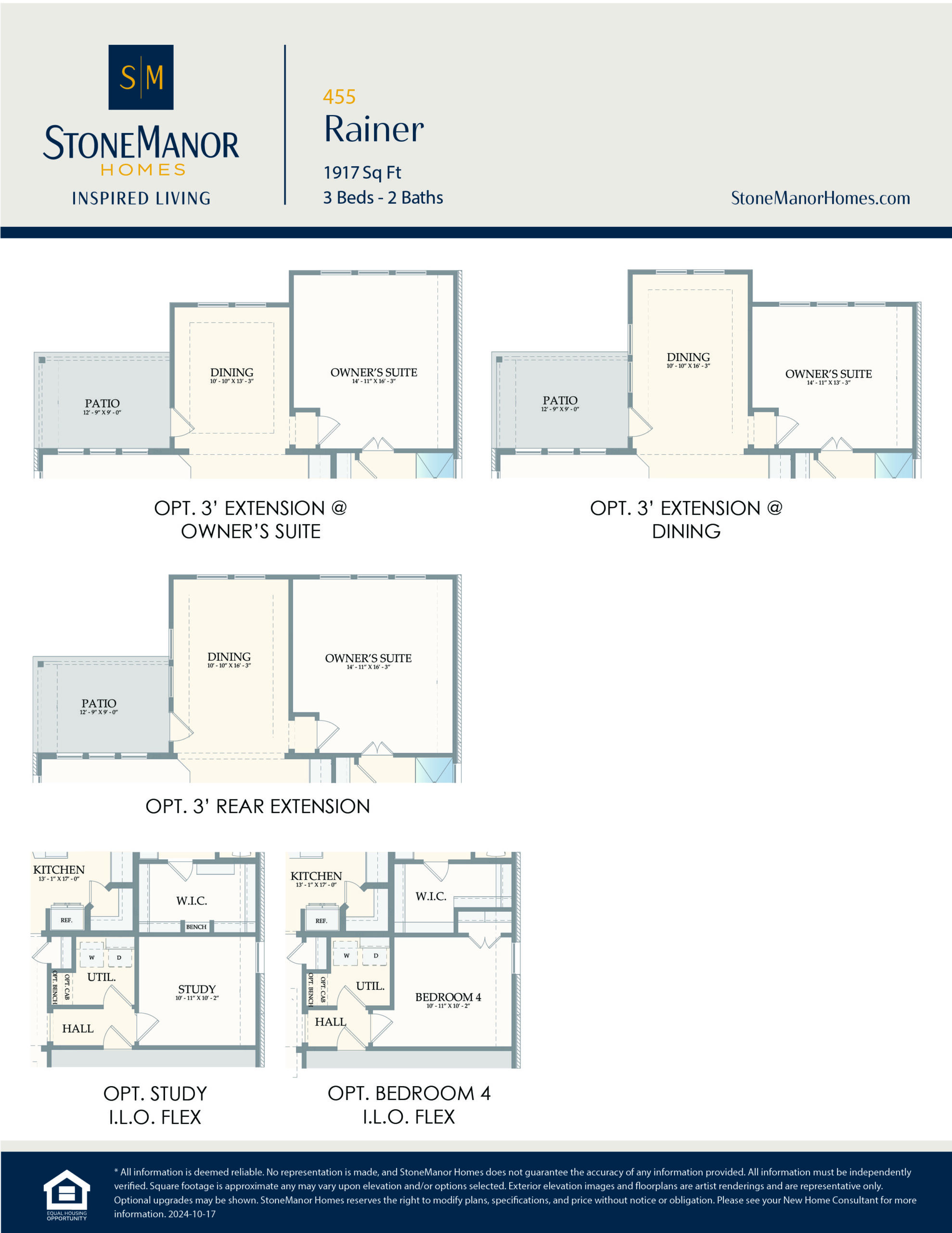 A floor plan layout for StoneManor Homes, model Rainer, with 3 beds, 2 baths, and multiple extension options for the owner’s suite, dining area, rear, study, and a fourth bedroom.