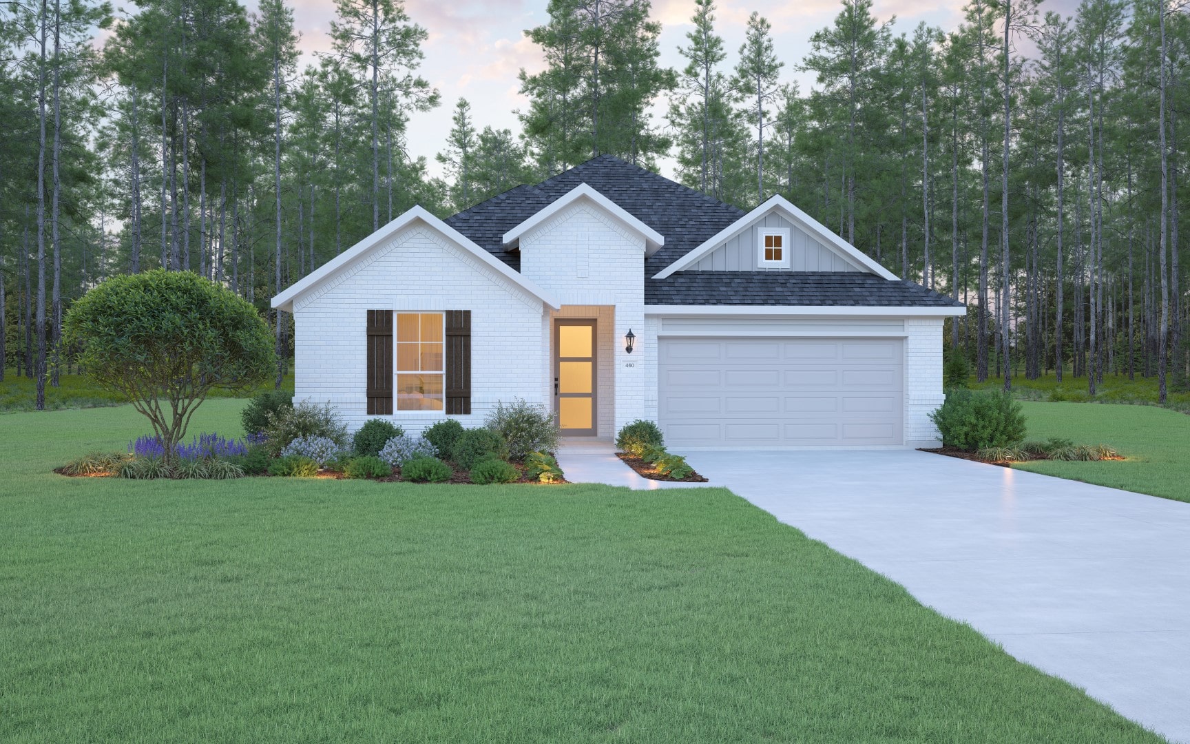 Single-story white brick house with dark shingle roof, gray garage door, and front yard landscaping with green grass and shrubs. The house is surrounded by tall pine trees under a partly cloudy sky.