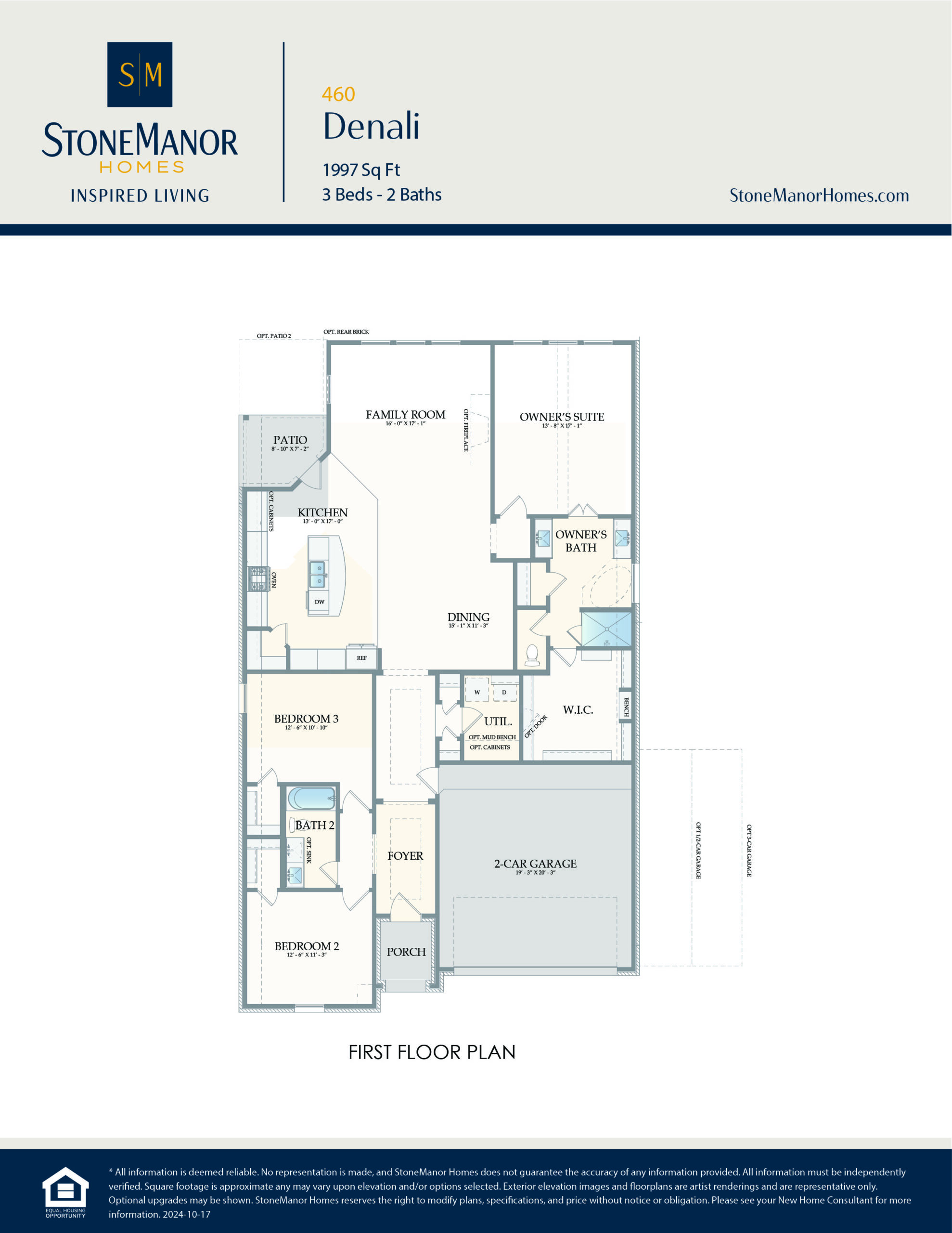 Floor plan for the StoneManor Homes Denali model, showing a layout with three bedrooms, two bathrooms, a kitchen, dining area, family room, owner’s suite, utility room, and a two-car garage.