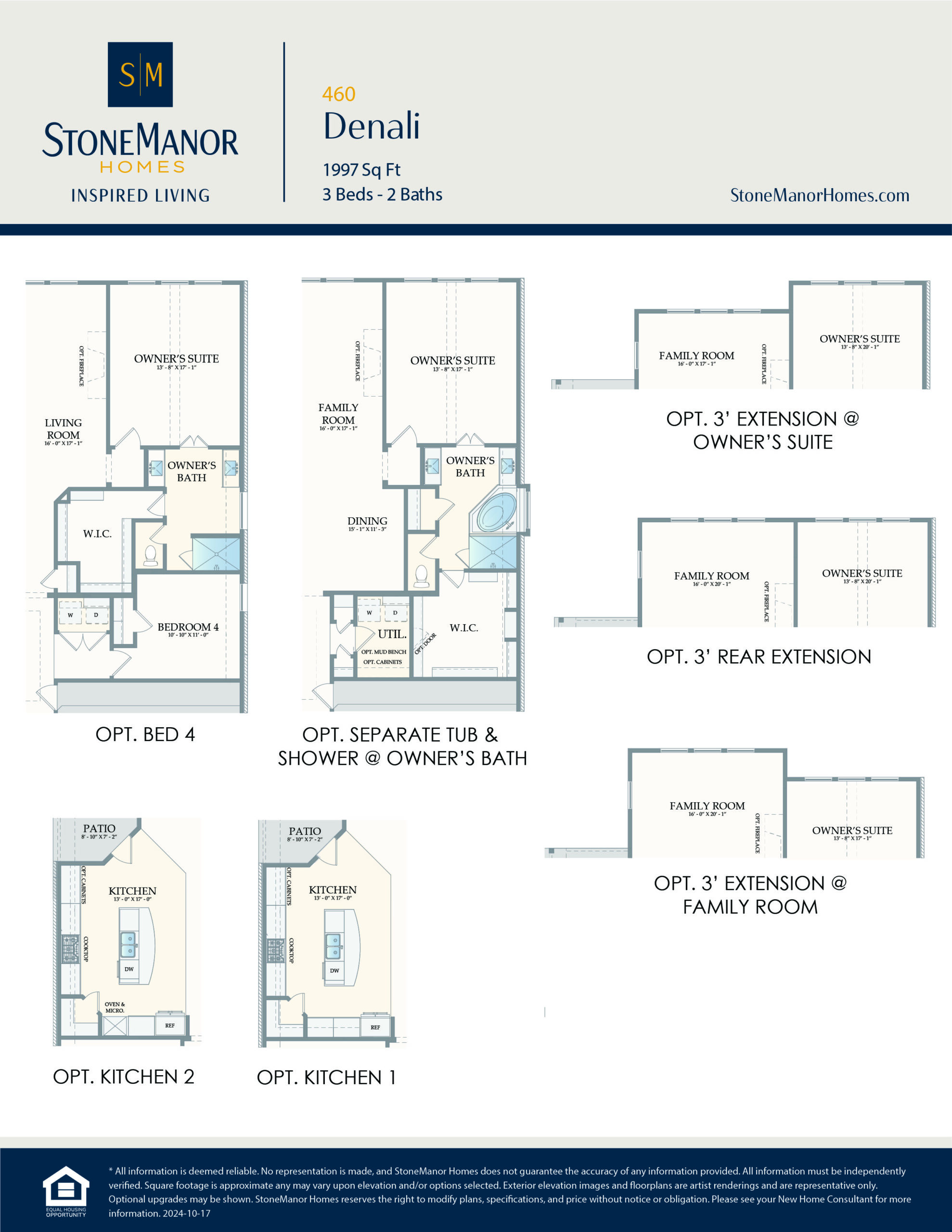 Blueprint-style floor plan layout for StoneManor Homes Denali model, showing a 3-bed, 2-bath home with optional 4th bedroom, kitchen variations, owners suite and bath extensions, and a family room extension.