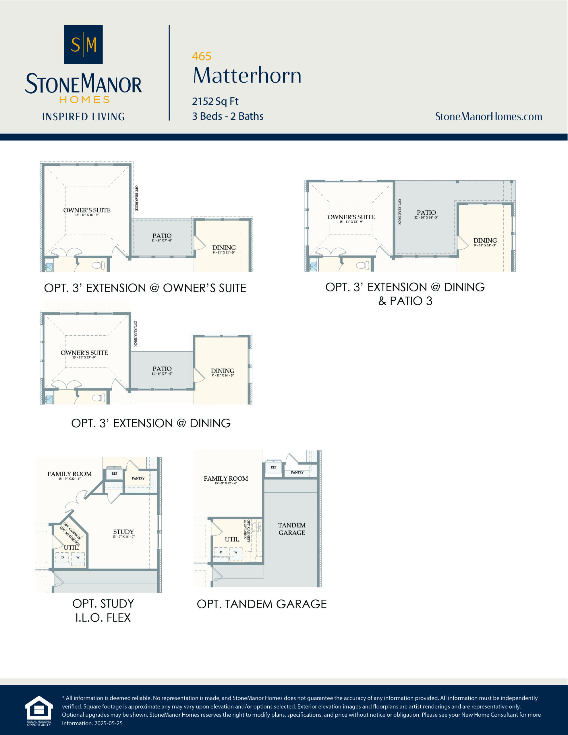 A flyer from StoneManor Homes displays five optional floor plan extensions for the 465 Matterhorn model, including additions to the owner’s suite, dining, study, and a tandem garage.