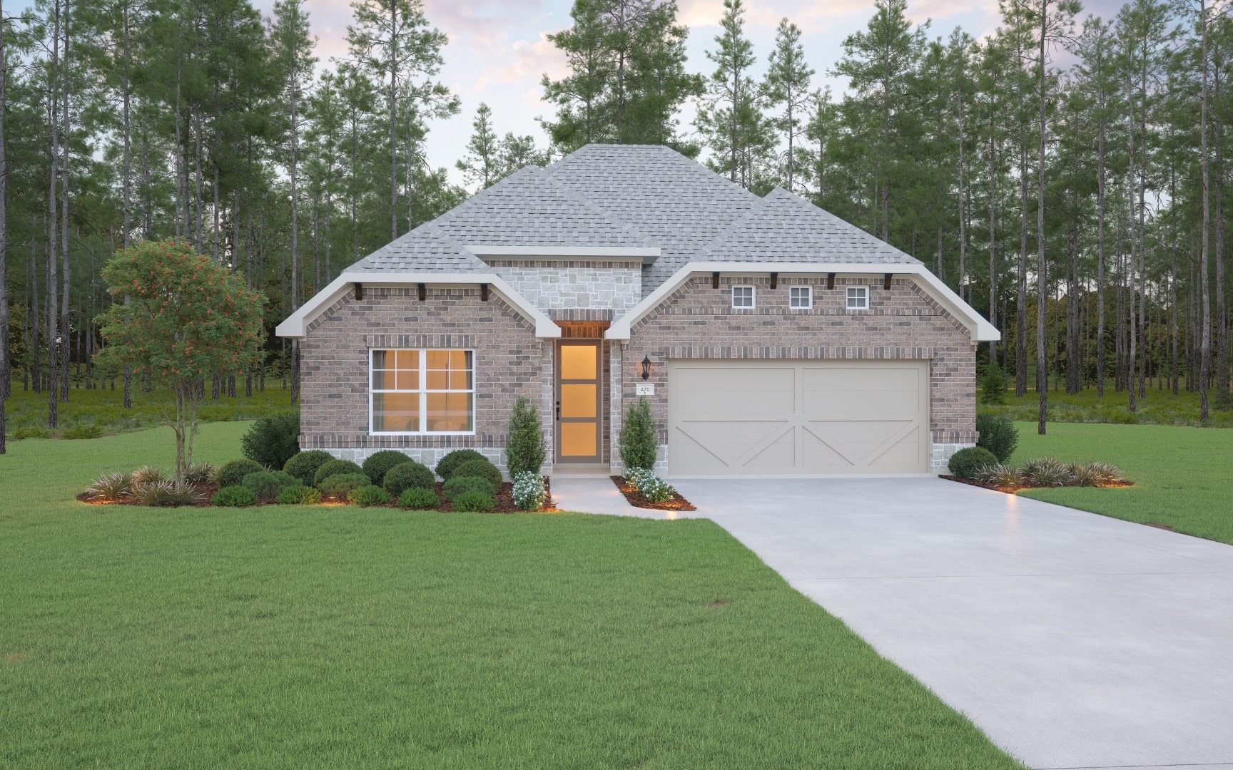 A single-story brick house with a gray shingled roof, a double garage, landscaped front yard, and driveway, set against a backdrop of tall trees and green grass.