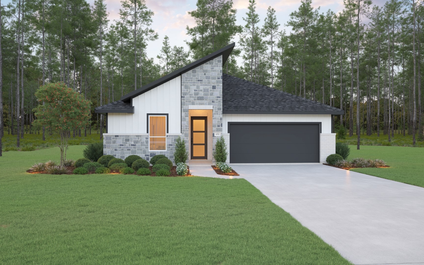 Modern single-story house with gray stone and white siding, featuring a dark slanted roof, large garage, and a landscaped front yard with shrubs and green grass. Tall pine trees line the background.