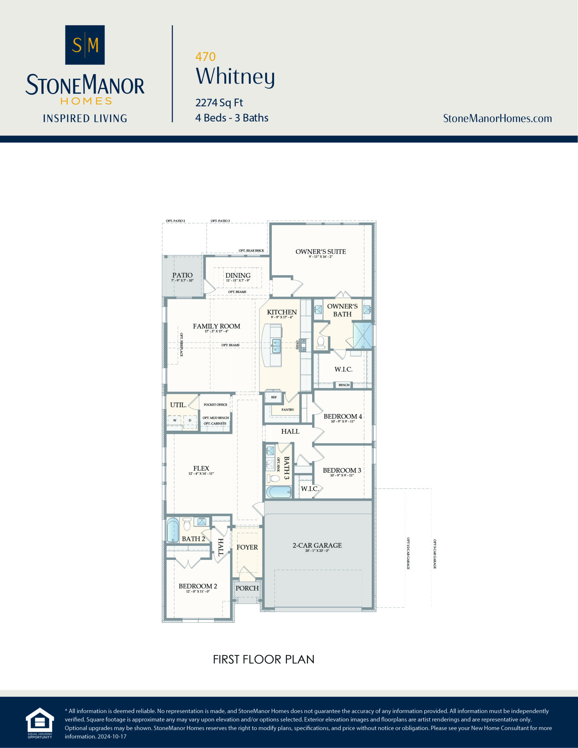 First floor plan for Whitney by StoneManor Homes shows a 4-bedroom, 3-bath house with family room, kitchen, dining area, foyer, laundry, two-car garage, owners suite with bath and walk-in closet, and a covered patio.