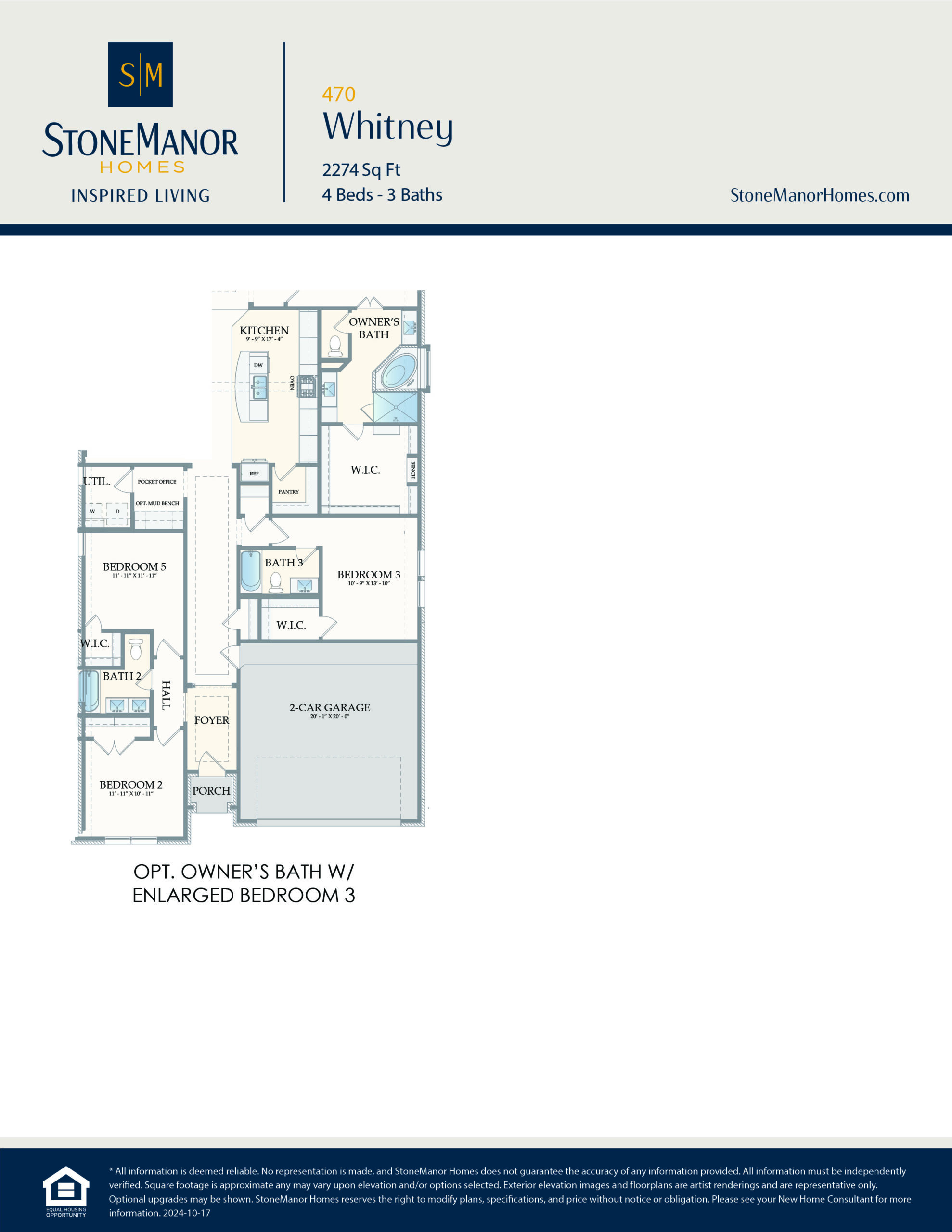 Floor plan for a single-story home with 4 bedrooms, 3 bathrooms, a 2-car garage, and an optional owners bath with an enlarged bedroom 3. StoneManor Homes branding and contact information are shown at the top.