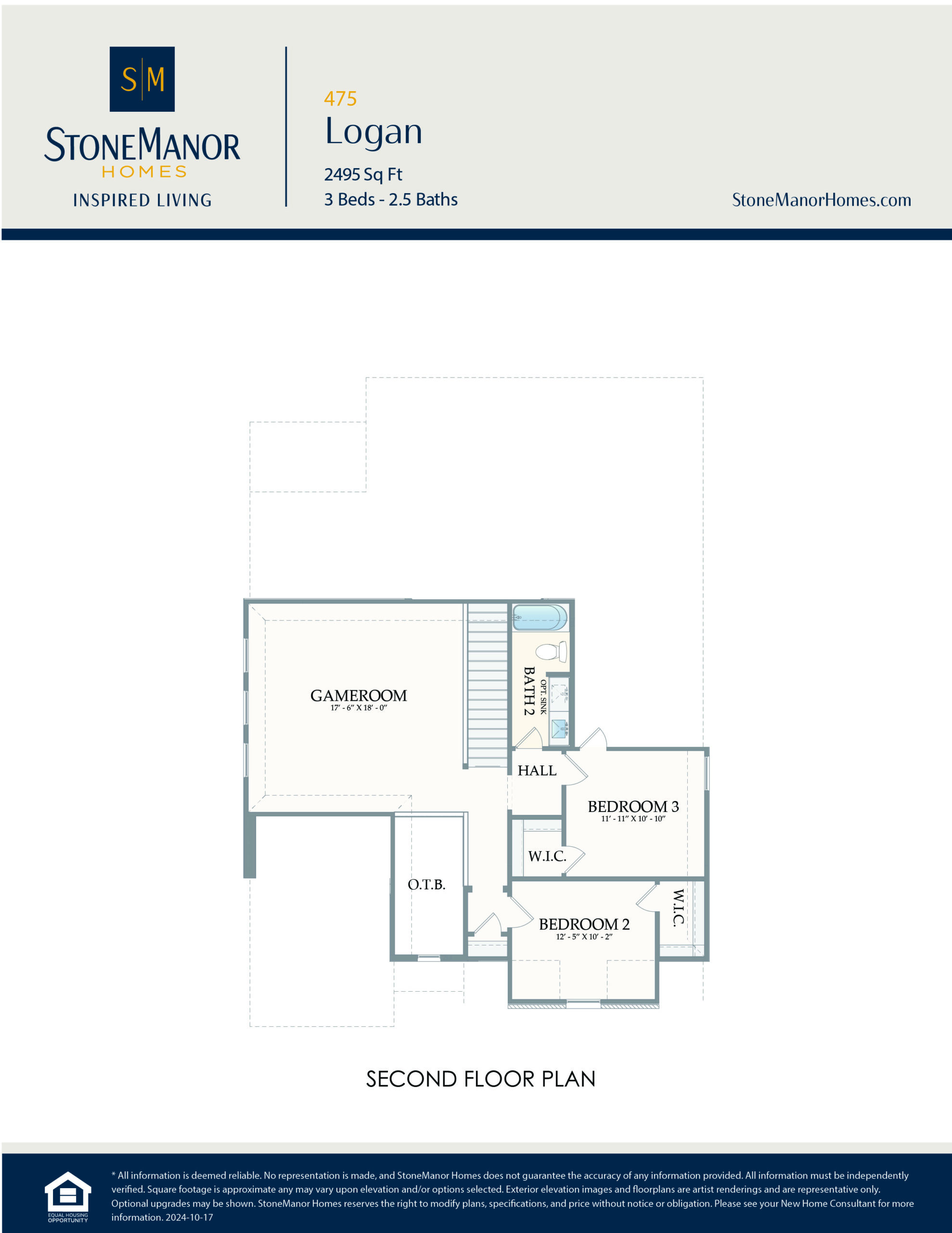 A floor plan labeled Second Floor Plan shows three bedrooms, two bathrooms, a game room, a walk-in closet (W.I.C.), and a hall. The plan is for the Logan model by StoneManor Homes.