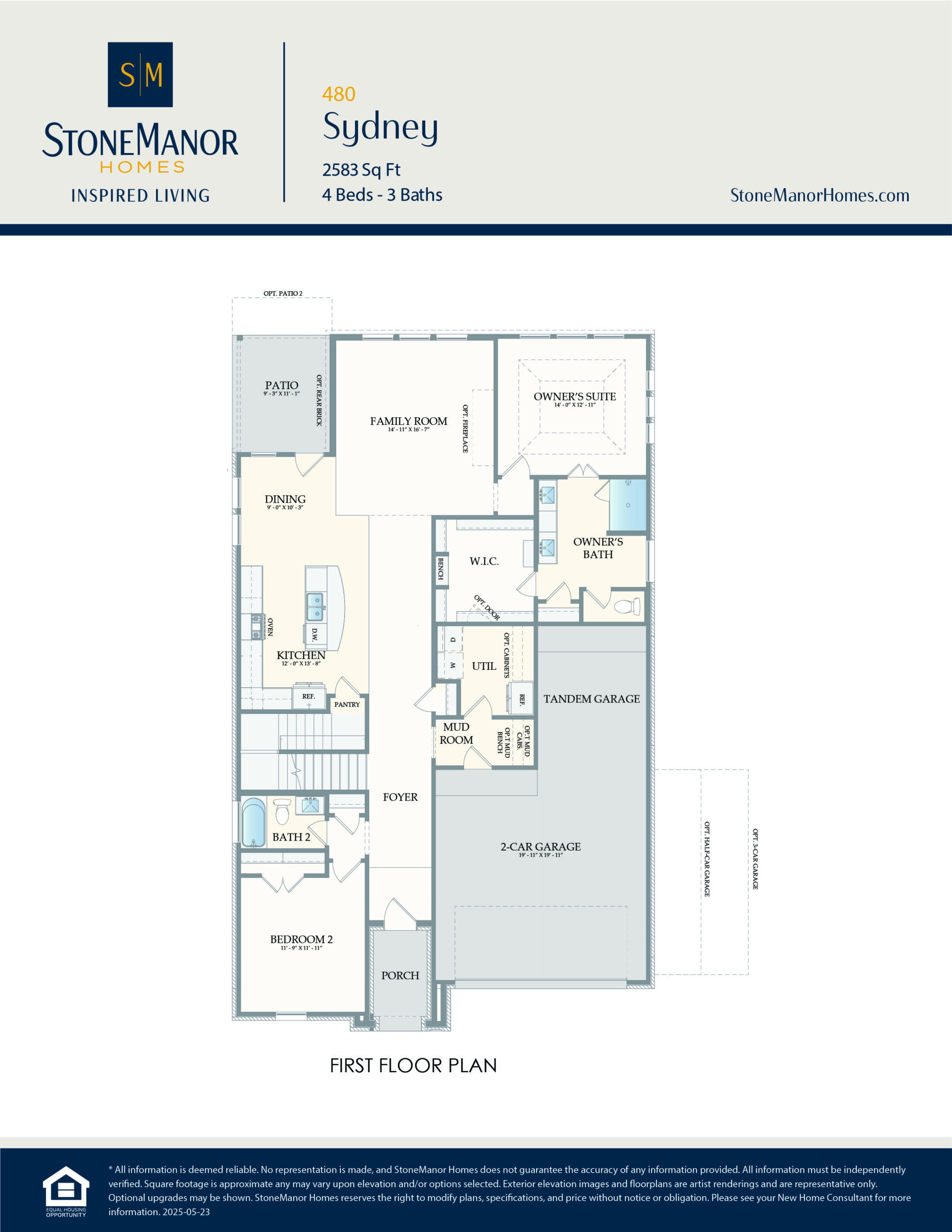 First floor plan of a house labeled Sydney, showing a 2-car garage, tandem garage, foyer, dining, kitchen, family room, owners suite with bath, laundry, pantry, and additional bath and bedroom.